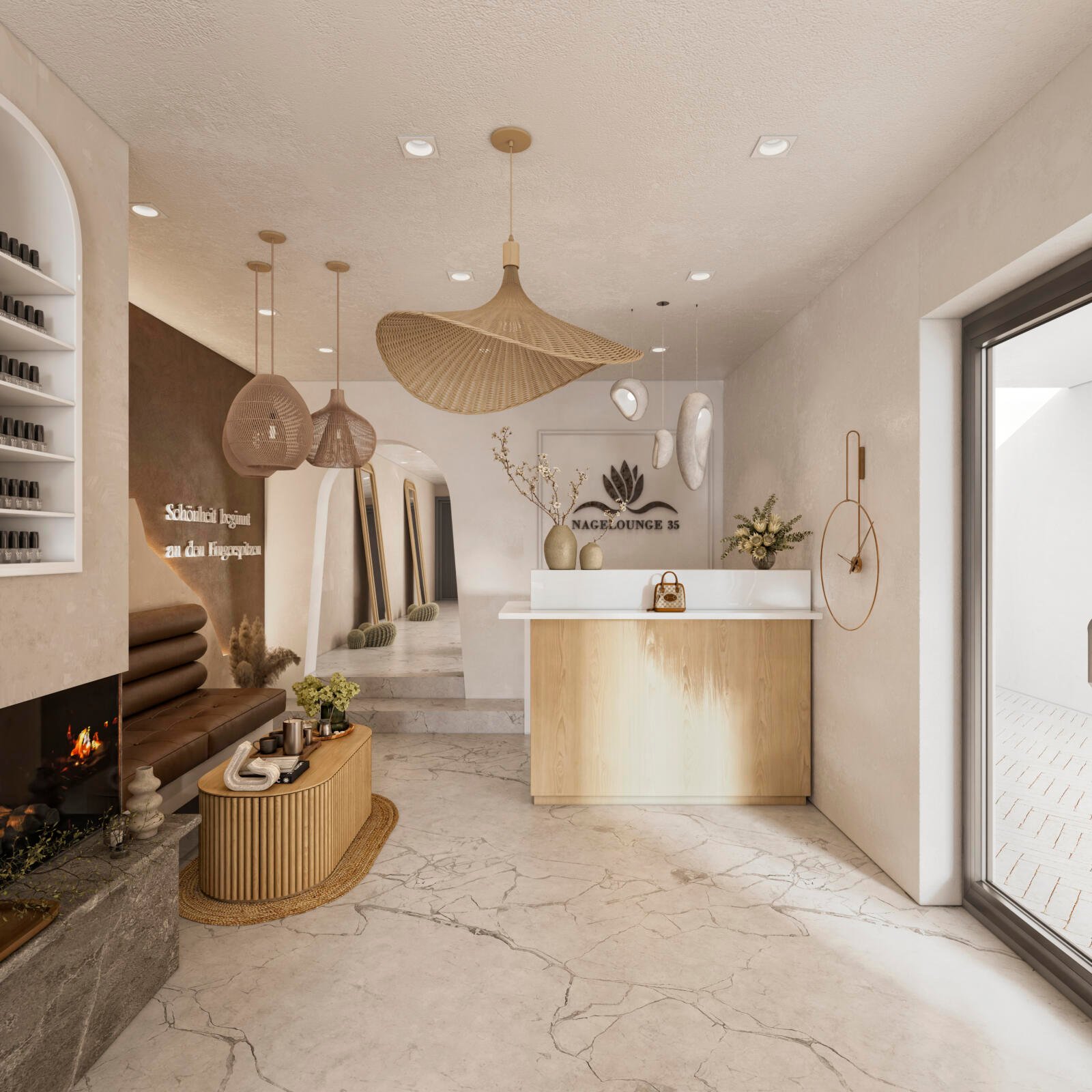 Empfangsbereich im Safe.el Beauty Studio mit runder Theke, Kamin und dekorativer Wandgestaltung