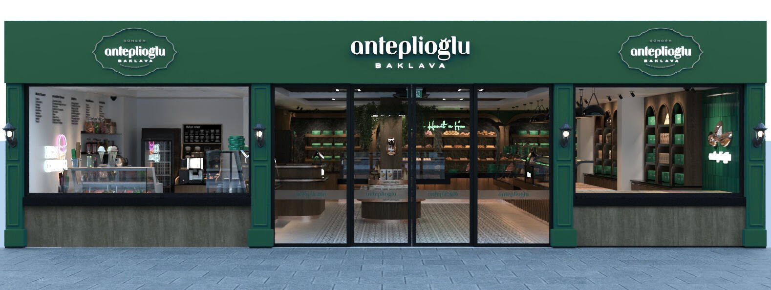 Bäckerei-Planung Hanau für Anteplioğlu Baklava mit grüner Außenfassade und großzügigen Schaufenstern.