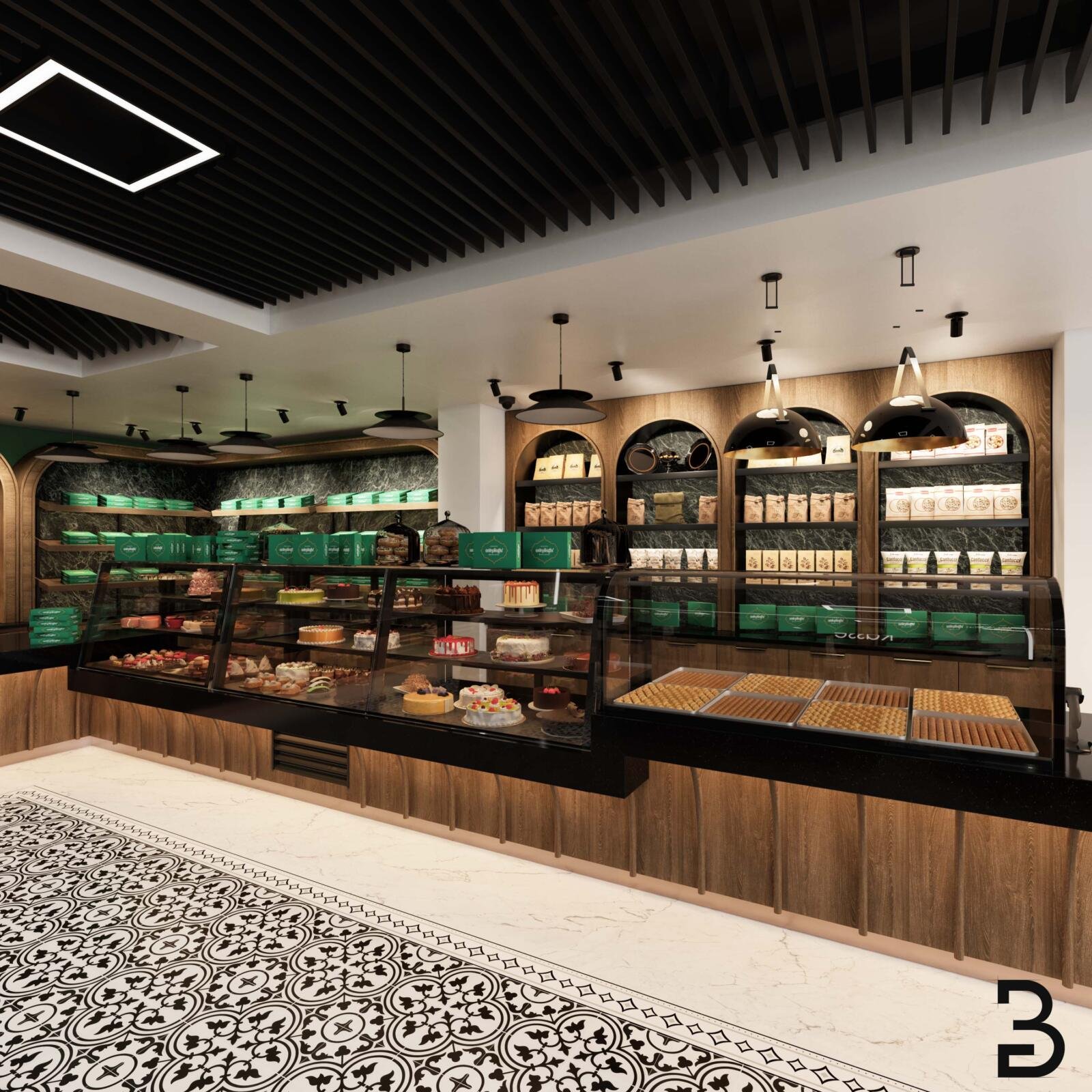 Bäckerei-Planung Hanau für Anteplioğlu Baklava mit Glasvitrinen, Holzoberflächen und dekorativem Boden