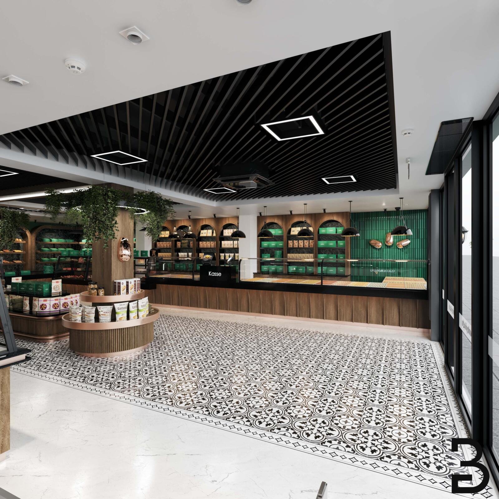 Bäckerei-Planung Hanau mit modernem Verkaufsraum, Präsentationstheken und beleuchteten Wandregalen.