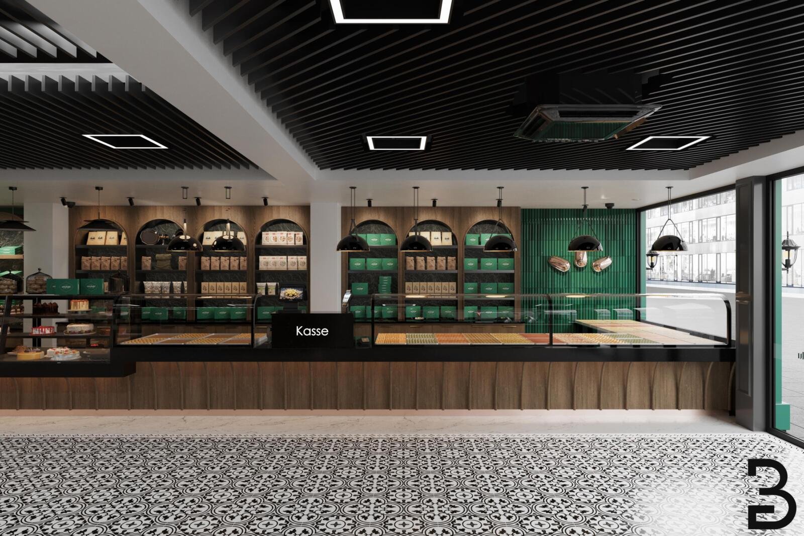 Gesamtansicht der Bäckerei-Planung Hanau mit langer Verkaufstheke und moderner Deckengestaltung