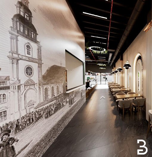 Innenarchitektur von Anteplioğlu Baklava Mannheim mit historischer Wandgrafik und langem Gastraum