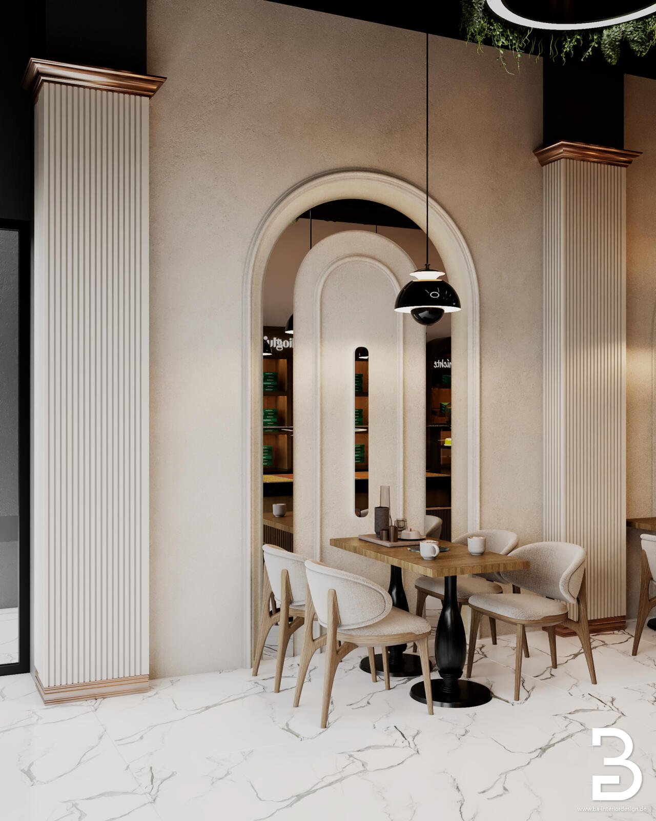 Bäckerei-Innenausbau Mannheim für Anteplioğlu Baklava mit eleganter Sitznische, Rundbogen und maßgefertigten Wanddetails