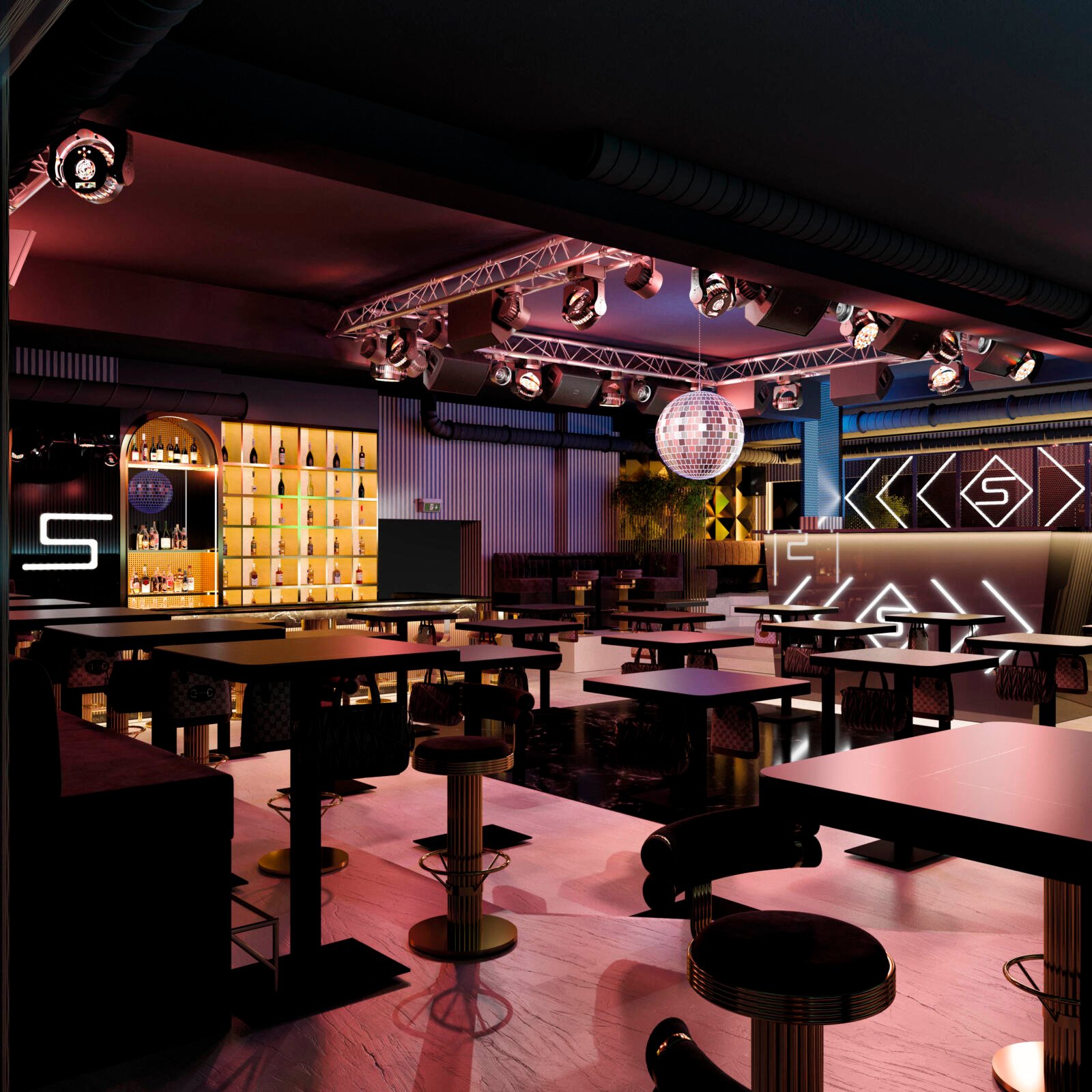 Club-Design Offenbach mit Barbereich, Stehtischen, Tanzfläche und atmosphärischer Beleuchtung für den Club Scala