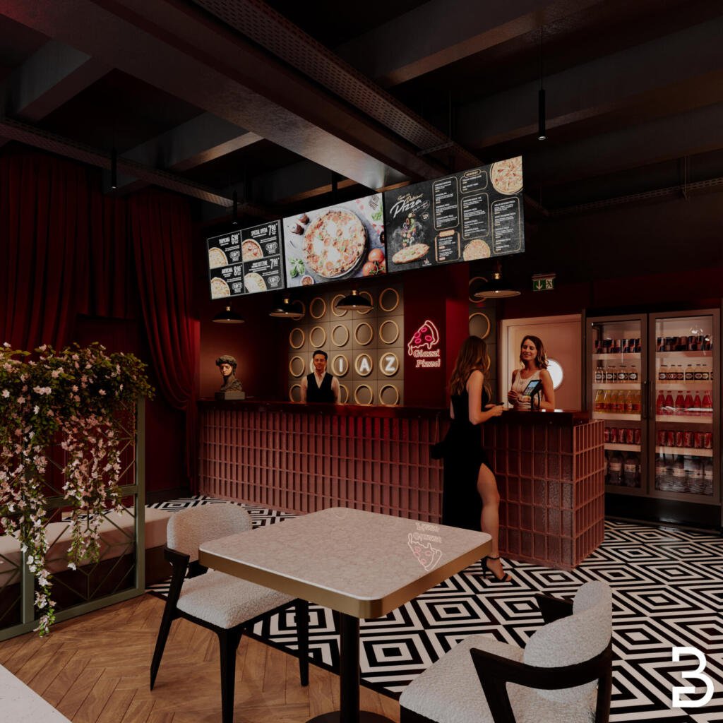 Giazzo Pizza Eingangsbereich mit Sitzgelegenheit – Pizzeria Design Hessen