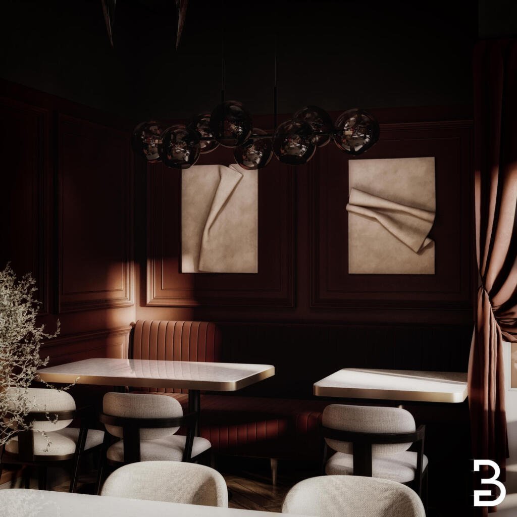 Giazzo Pizza Lounge-Ecke mit Kunstwerken – exklusive Gastronomie Innenarchitektur