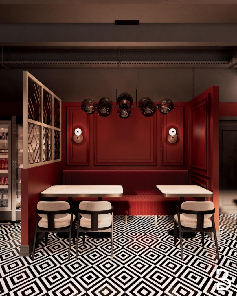 Giazzo Pizza Sitznische in Rot mit Designerlampe – exklusive Restaurant Innenarchitektur
