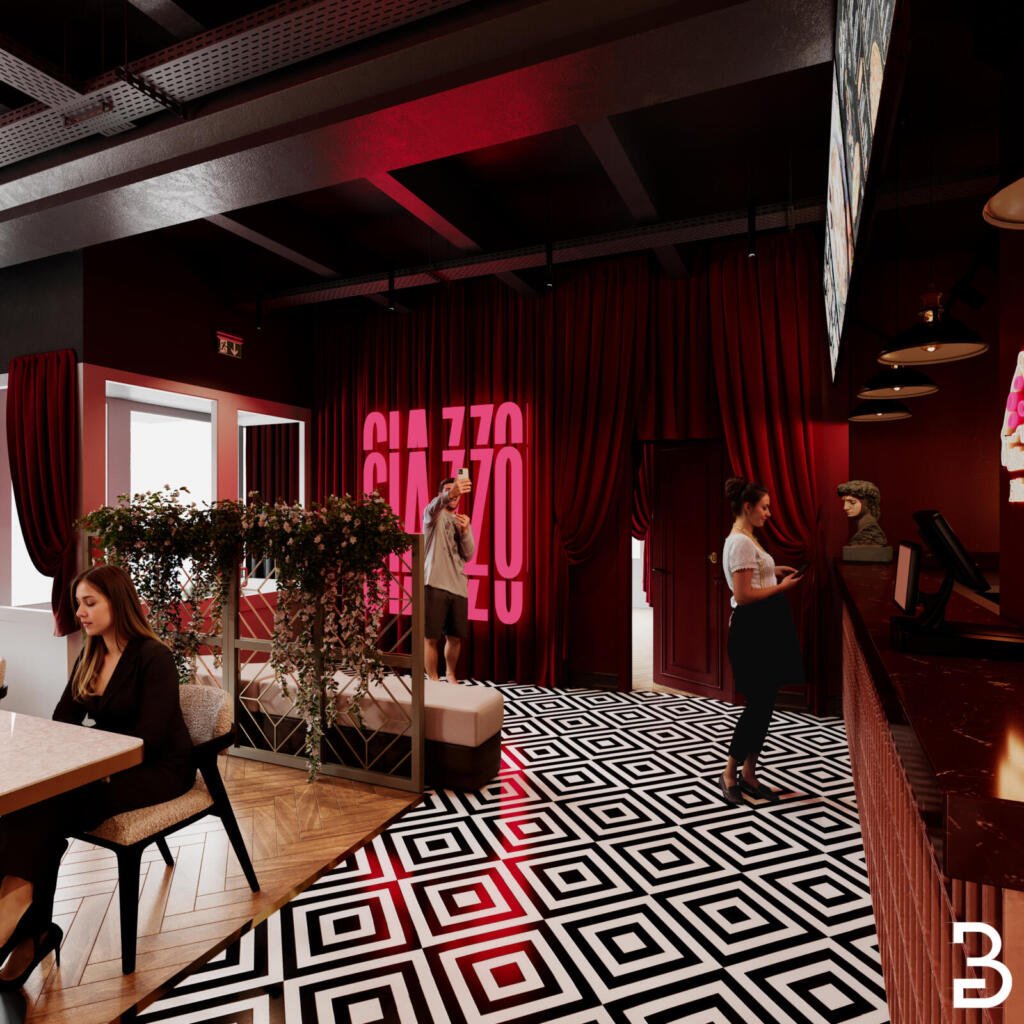 Giazzo Pizza Restaurant Innenraum mit Gast – Gastronomie Innenarchitektur BA