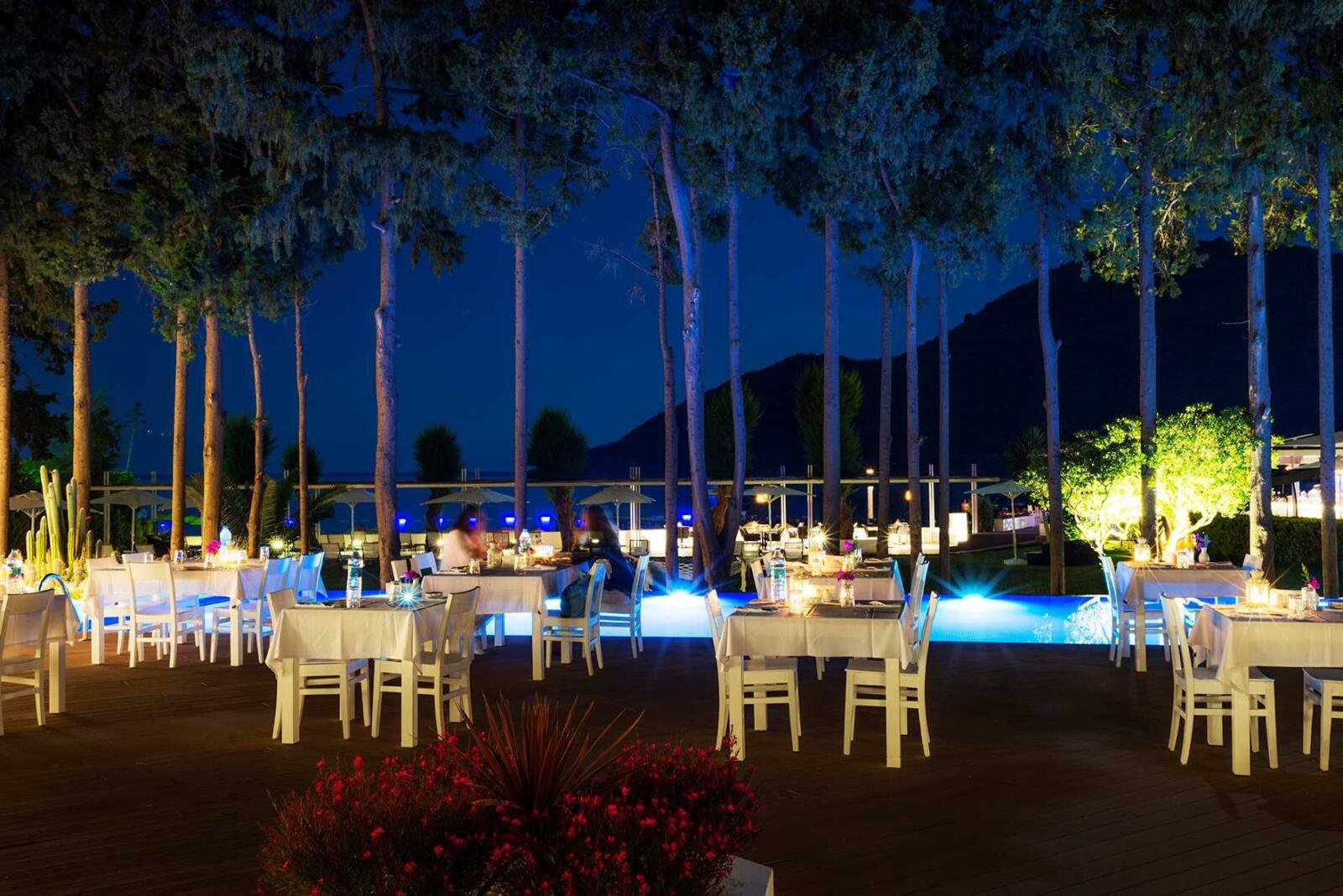 Hotelrenovierung Bodrum mit großzügigem Außenrestaurant unter Bäumen und atmosphärischer Beleuchtung.