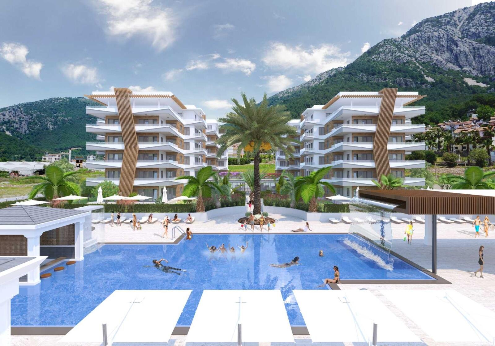 Lykia Residence Antalya Poolbereich mit Blick auf Berge