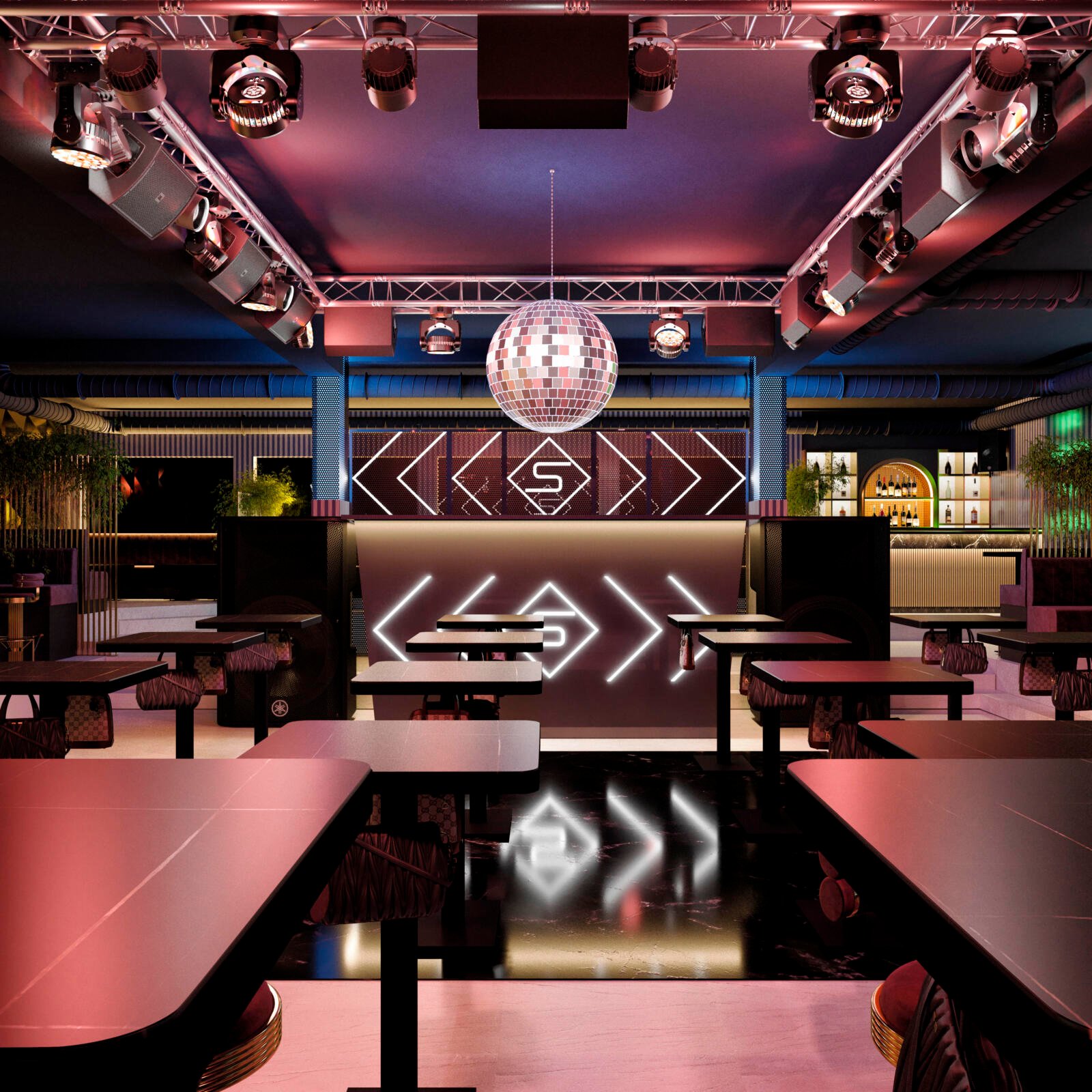 Nachtclub-Design Offenbach für den Club Scala mit Tanzfläche, DJ-Bereich, Lichttechnik und geometrischer Wandgestaltung
