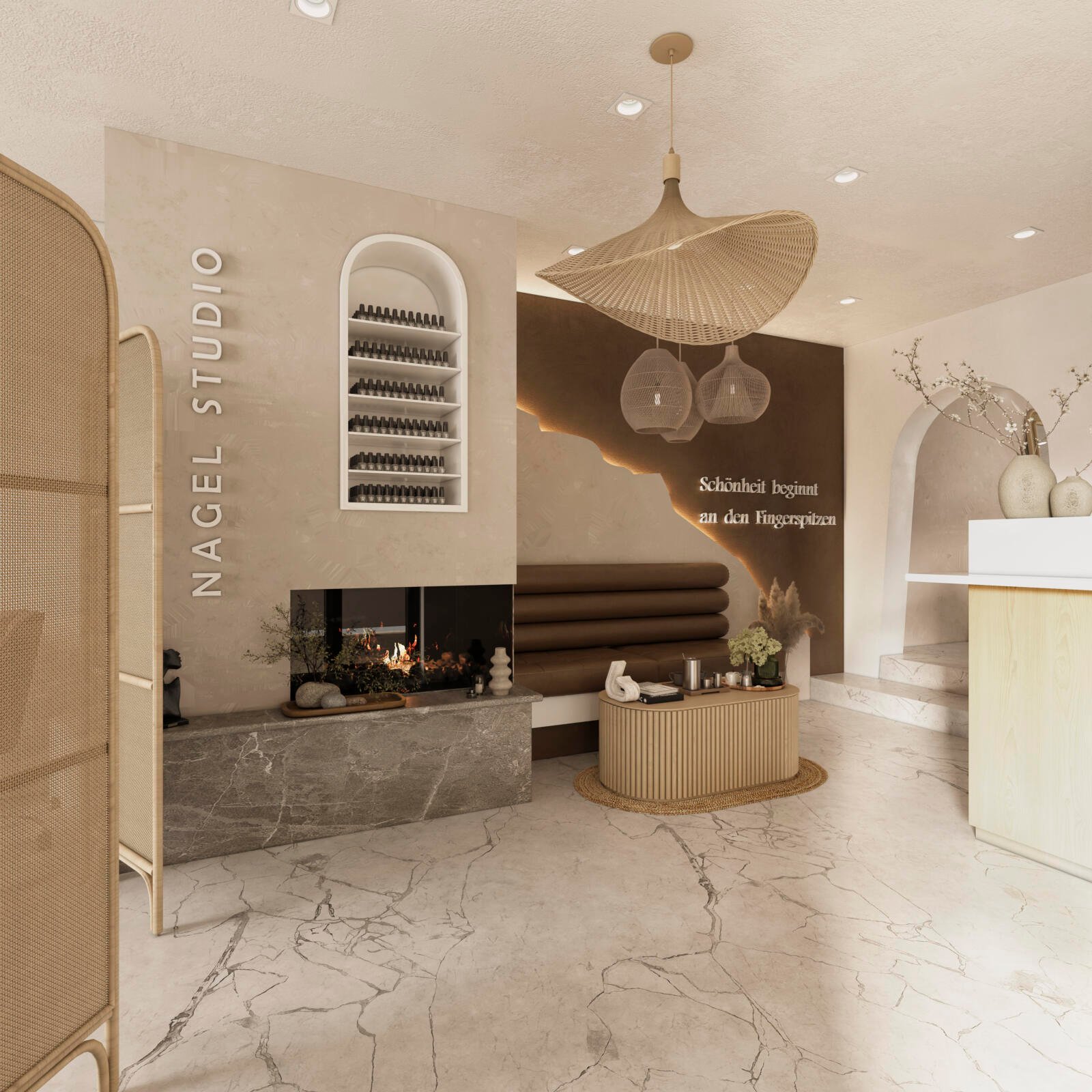 Nagelstudio-Design Hanau für Safe.el mit Empfangsbereich, Kaminwand und heller Innenarchitektur