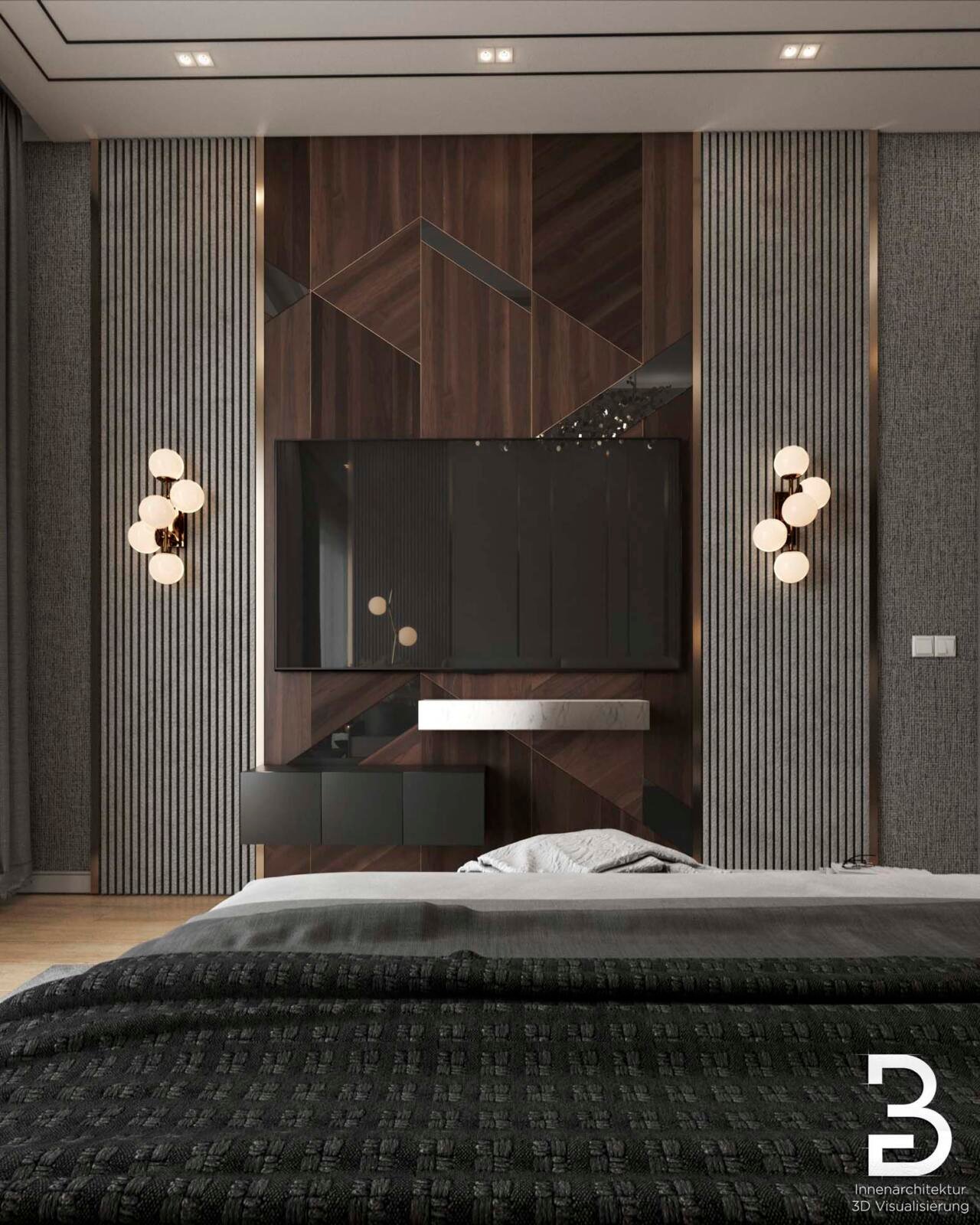 Dunkles Schlafzimmer mit Designer-Beleuchtung