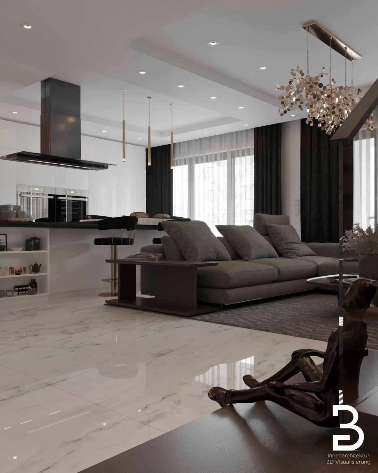 Designer-Wohnzimmer mit dunklen Akzenten