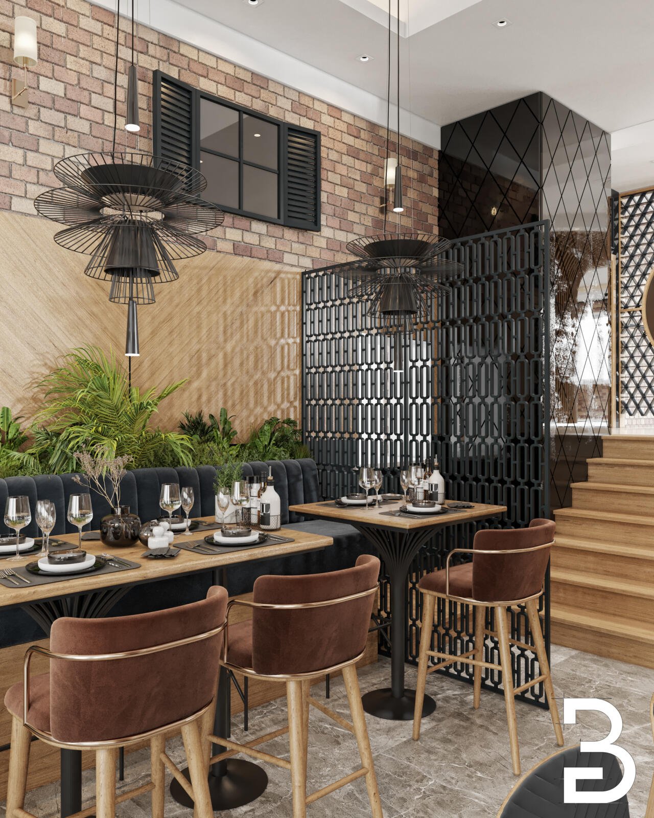 Restaurant-Design Darmstadt mit stilvollem Barbereich, Hochstühlen und abgestimmter Material- und Farbgestaltung