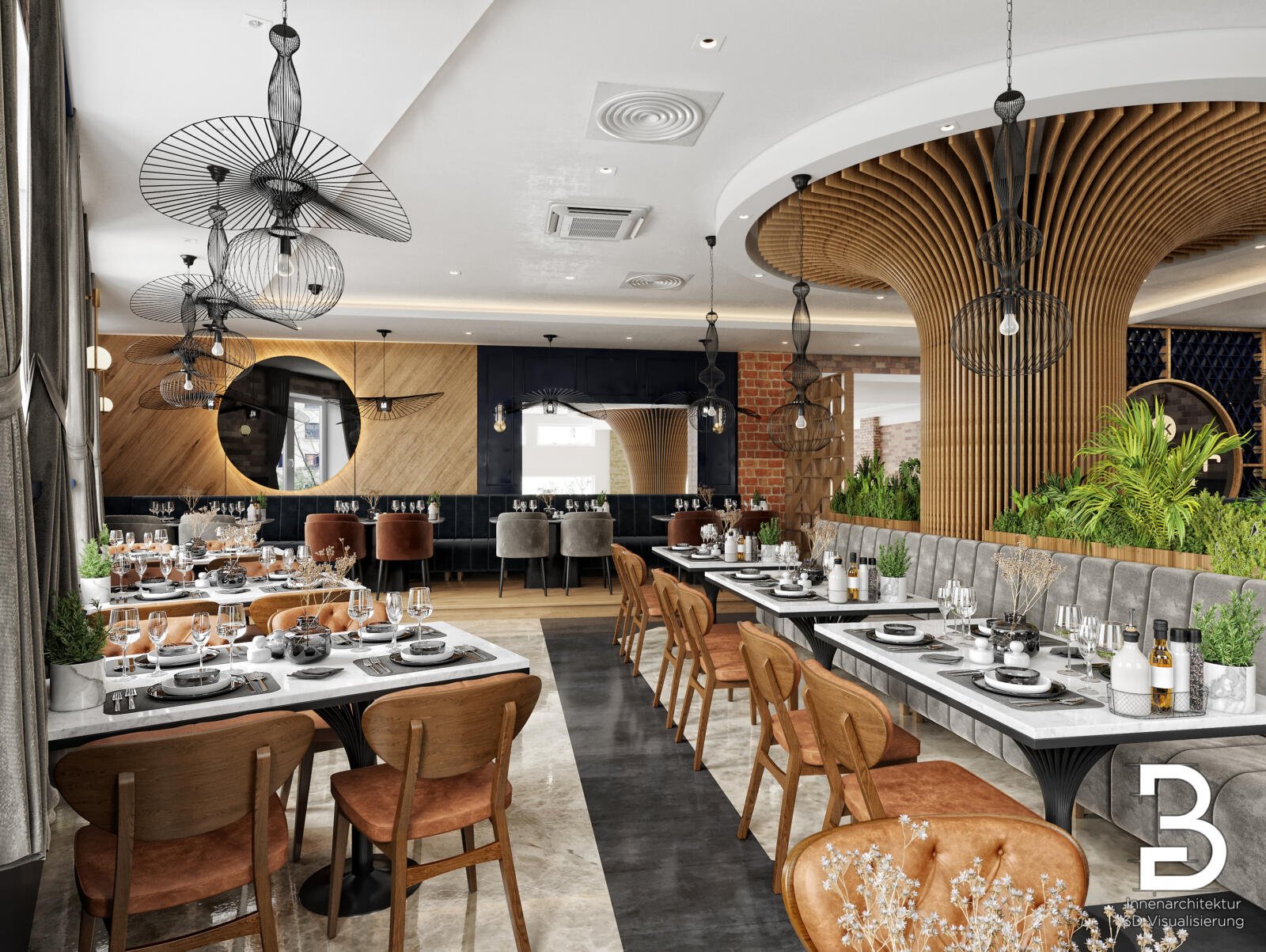 Restaurant-Design Darmstadt mit langem Tischbereich, dekorativer Decke und hochwertiger Innenarchitektur für das Nazar Center