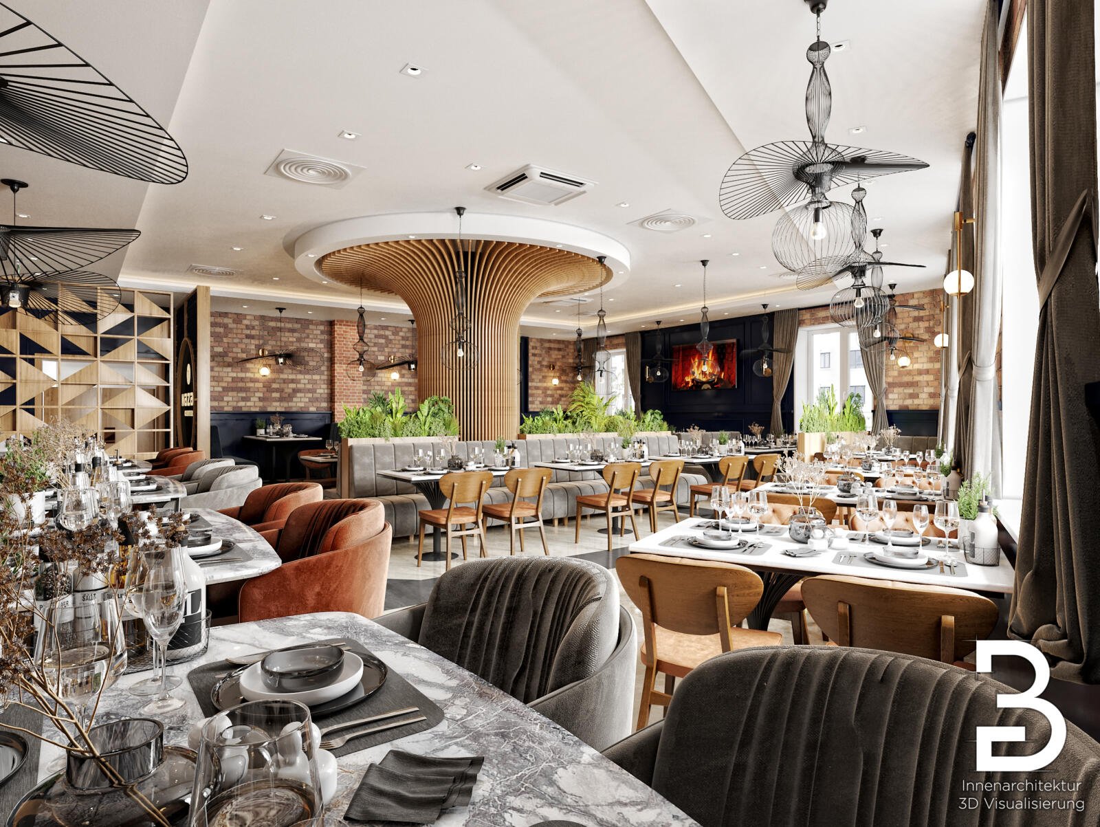 Großzügiger Gastraum im Nazar Center Darmstadt mit abgestimmtem Beleuchtungskonzept und eleganter Restaurantgestaltung