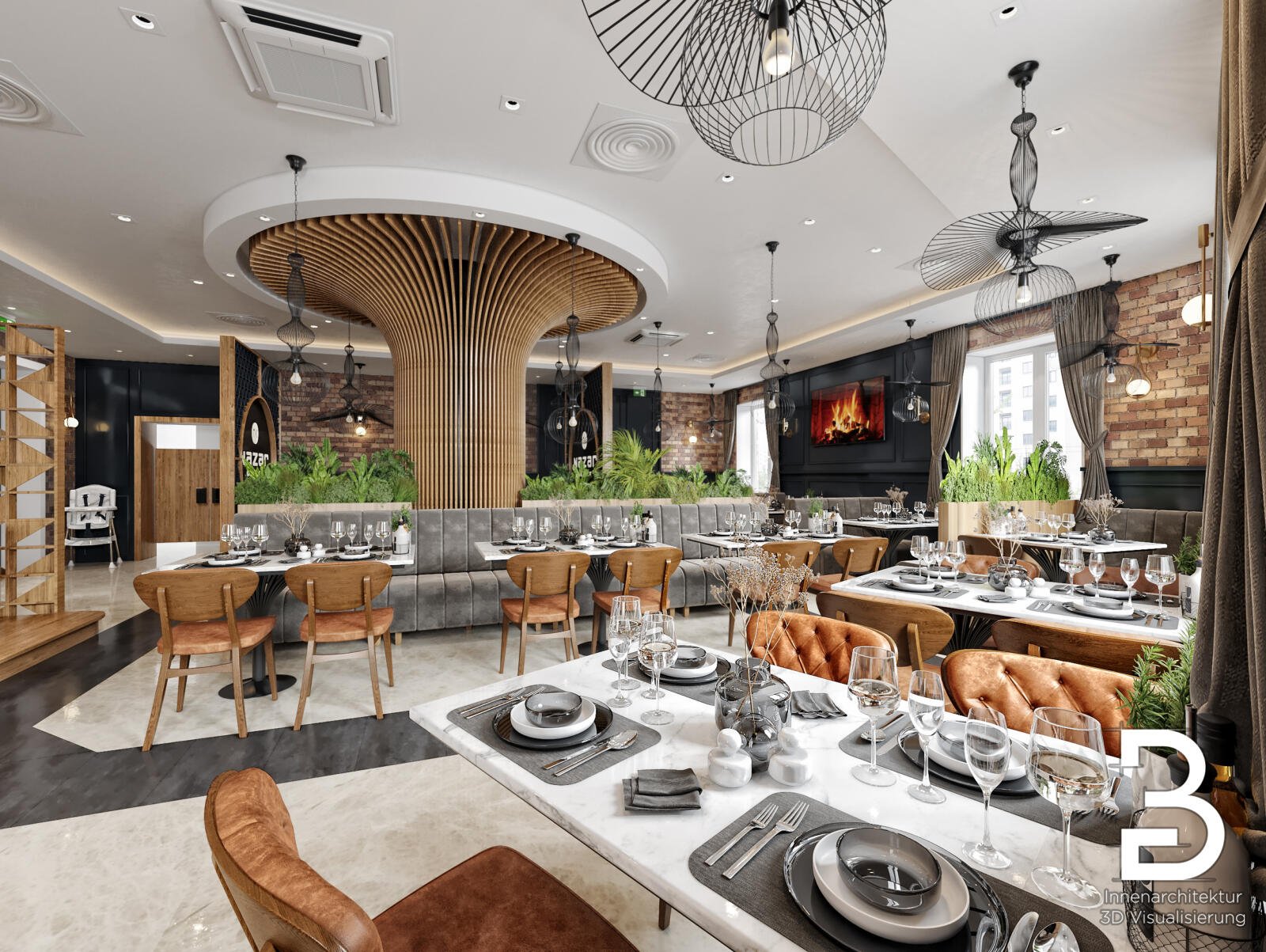 Innenarchitektur Restaurant Darmstadt mit offenem Gastraum, zentralem Deckenobjekt und harmonischer Möblierung