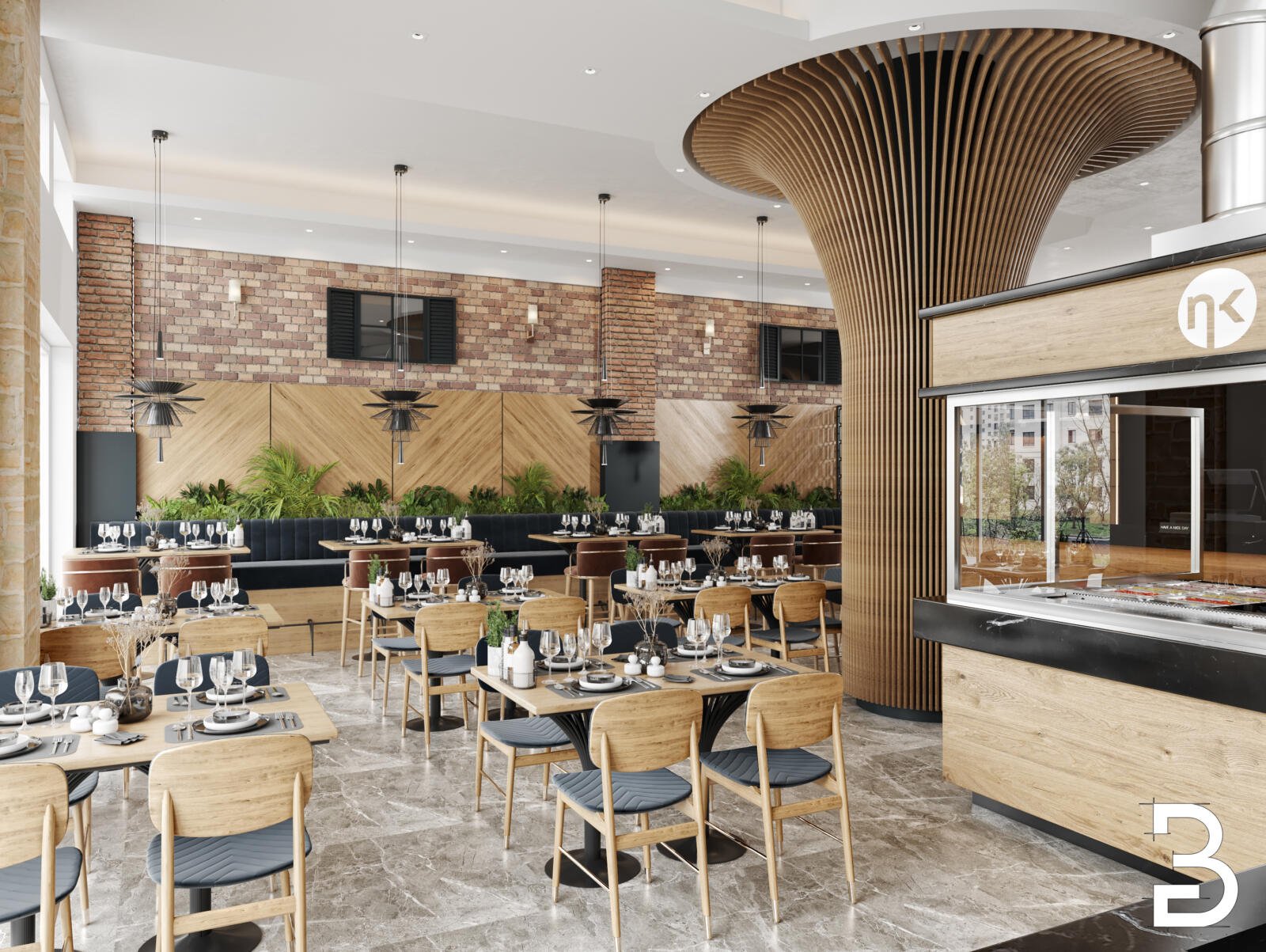 Restaurant-Design Darmstadt für das Nazar Center mit großzügigem Gastraum, zentralem Deckenelement und abgestimmtem Sitzkonzept