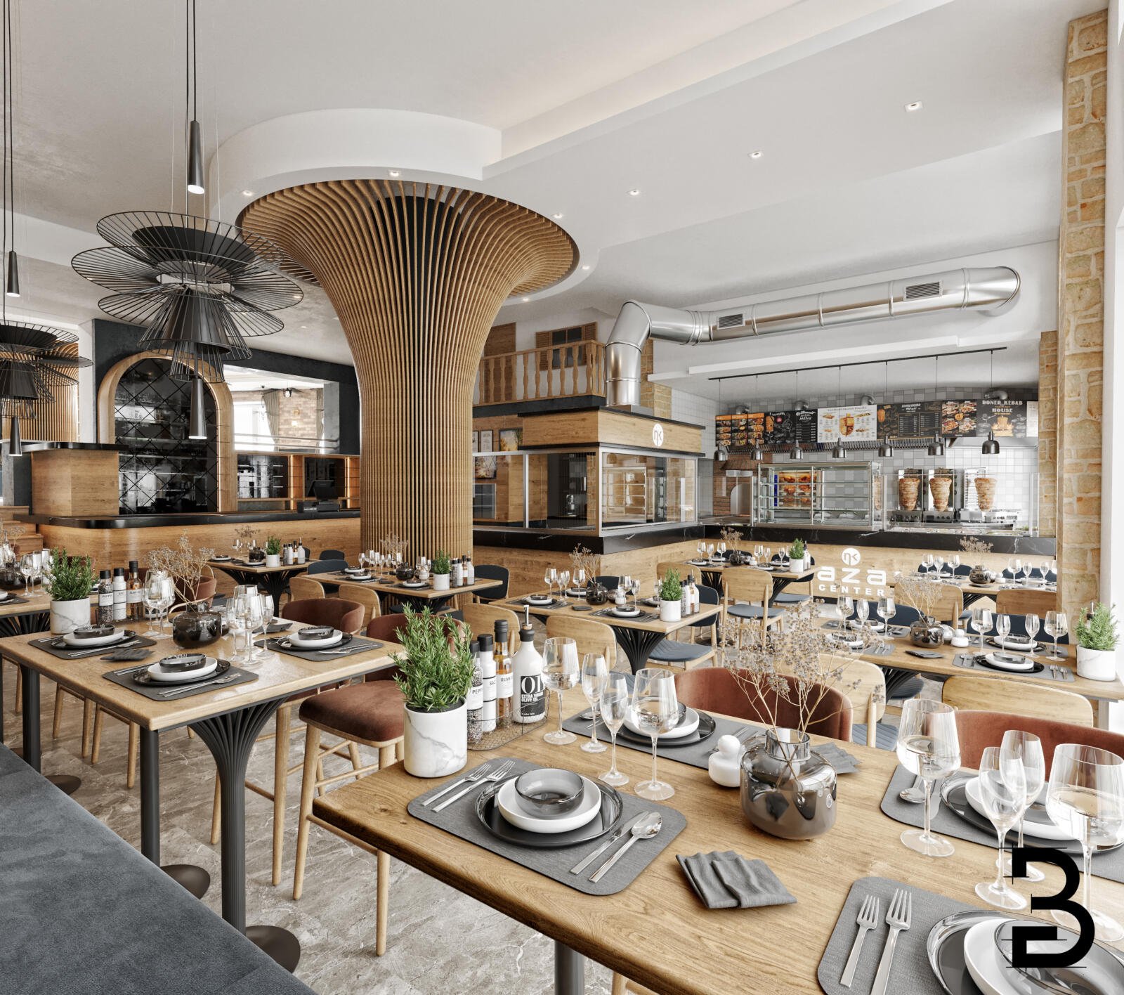 Gesamtansicht des Restaurant-Designs Darmstadt für das Nazar Center mit eleganter Möblierung und markanter Deckenform