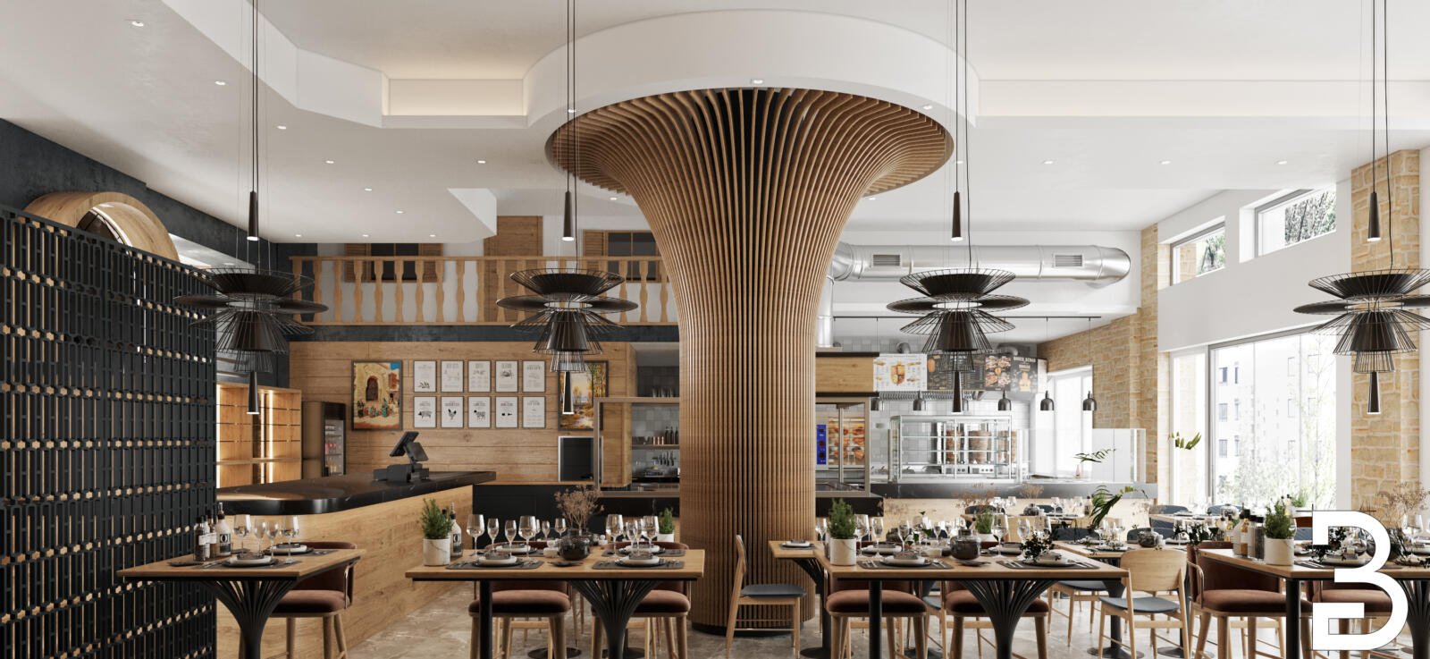 Moderner Innenraum im Restaurant-Design Darmstadt für das Nazar Center mit Sitzbereichen und zentralem Gestaltungselement