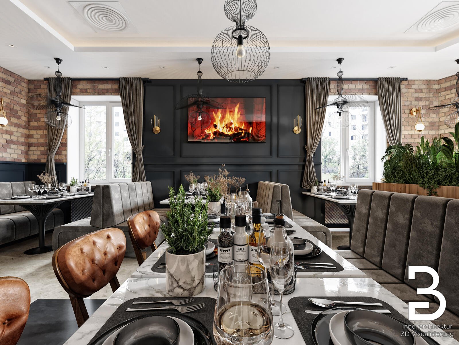Restaurant-Design Darmstadt für das Nazar Center mit Kaminbereich, gedeckten Tischen und wohnlicher Atmosphäre