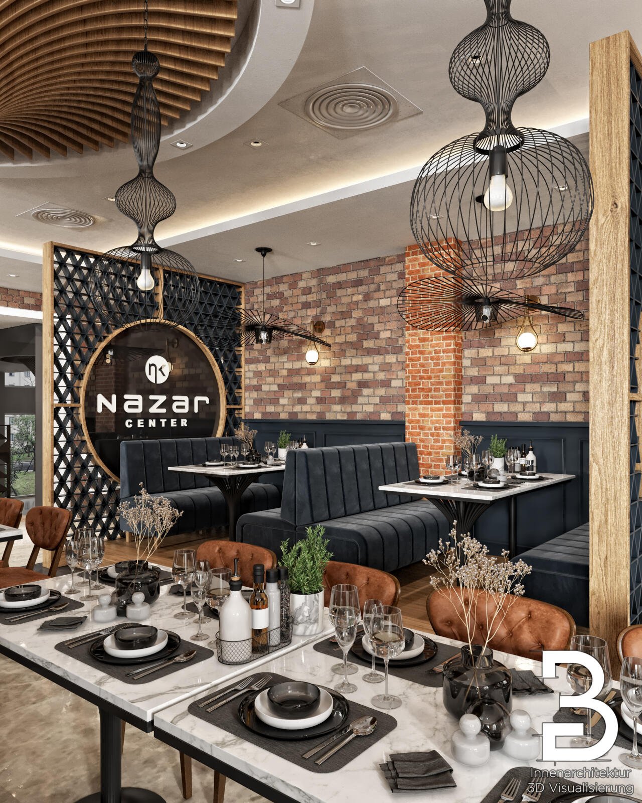 Restaurant-Design Darmstadt mit inszeniertem Markenlogo, gedeckten Tischen und hochwertiger Gastronomieatmosphäre