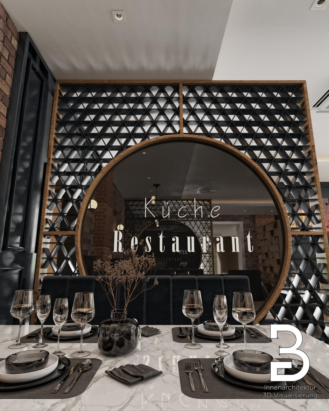 Markenwand im Restaurantkonzept Darmstadt mit Rundbogen, dekorativer Struktur und prägnanter Logoinszenierung