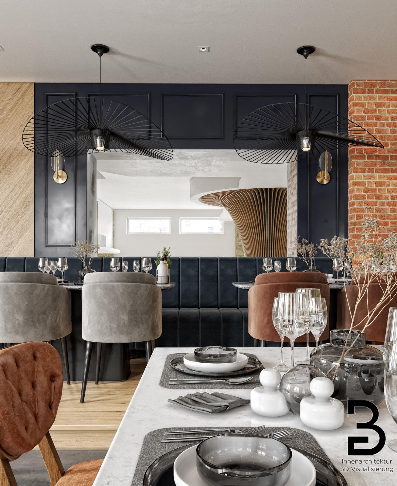 Loungebereich im Restaurant-Design Darmstadt mit dunklen Wandflächen, Kaminatmosphäre und hochwertigem Sitzkomfort