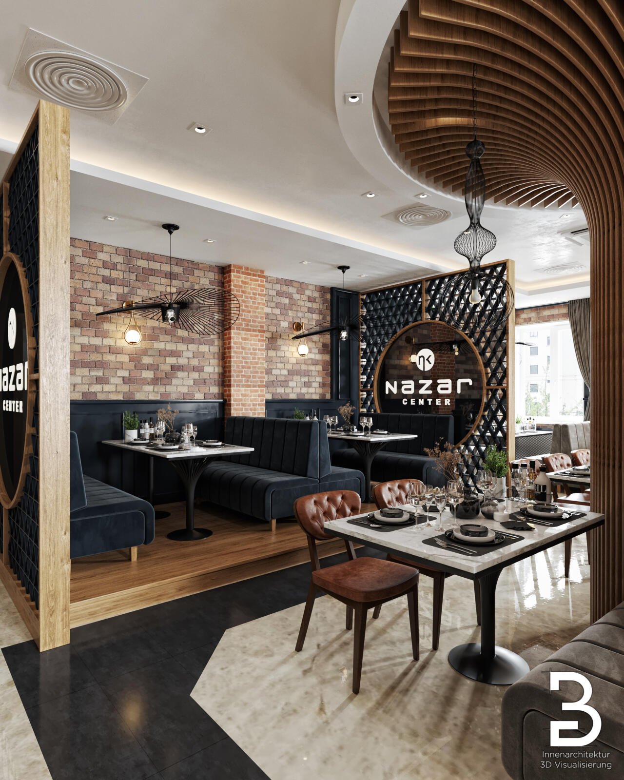Restaurantplanung Darmstadt mit ruhigem Sitzbereich, dunklen Materialien und stilvoller Rauminszenierung