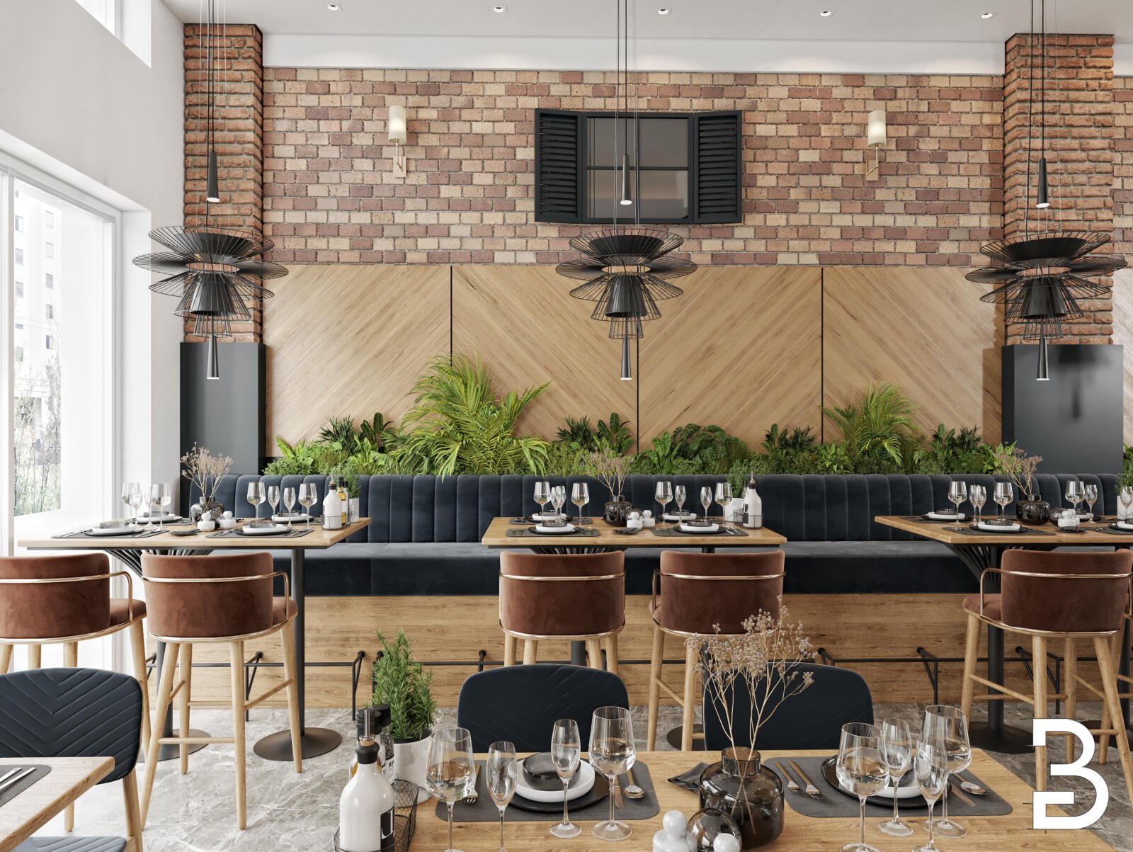 Sitzbereich im Restaurant-Design Darmstadt mit warmen Materialien, Ziegelwand und moderner Gastronomiegestaltung