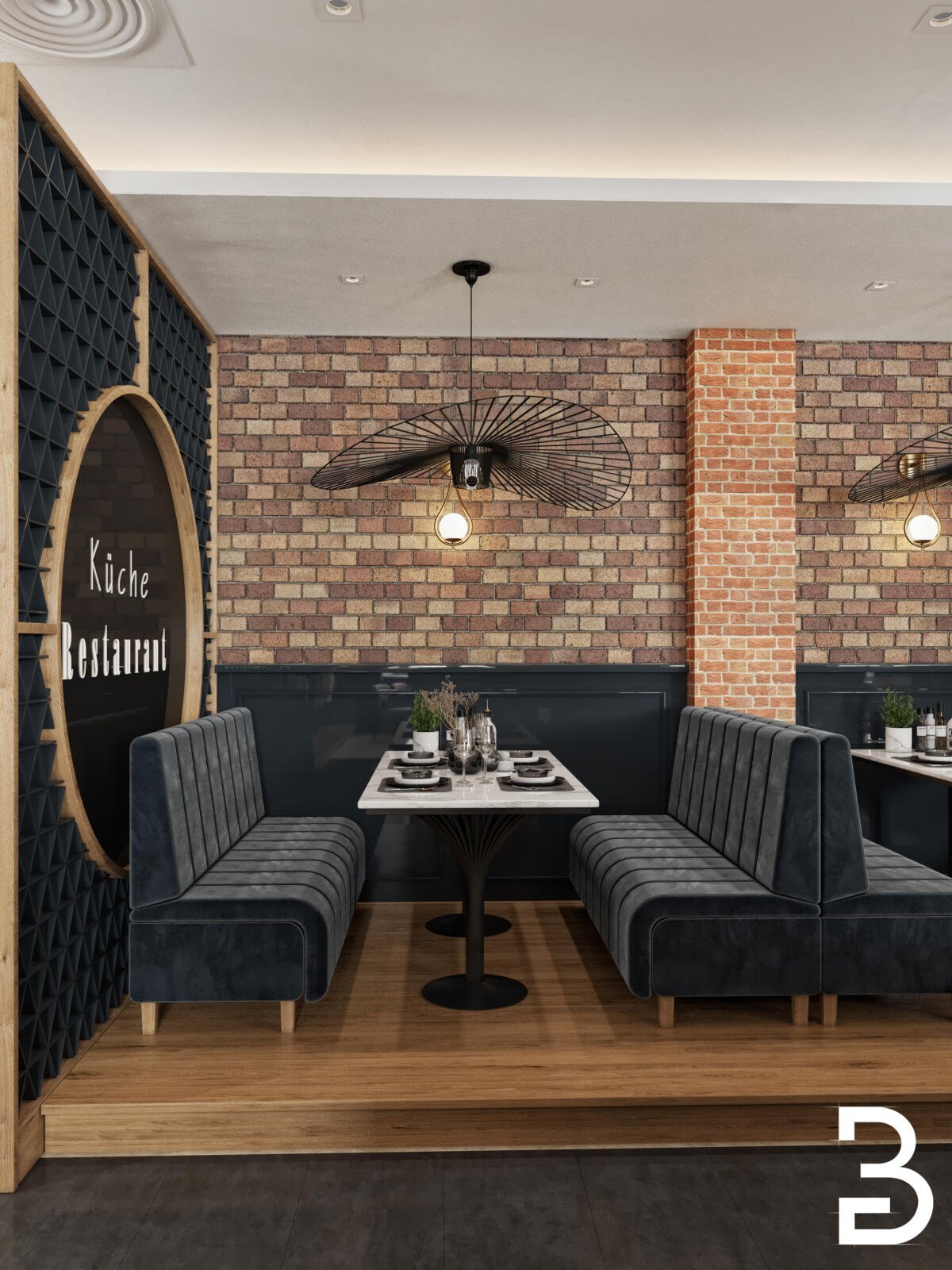 Sitznische im Restaurant-Design Darmstadt mit eleganten Polsterbänken und hochwertiger Materialwirkung