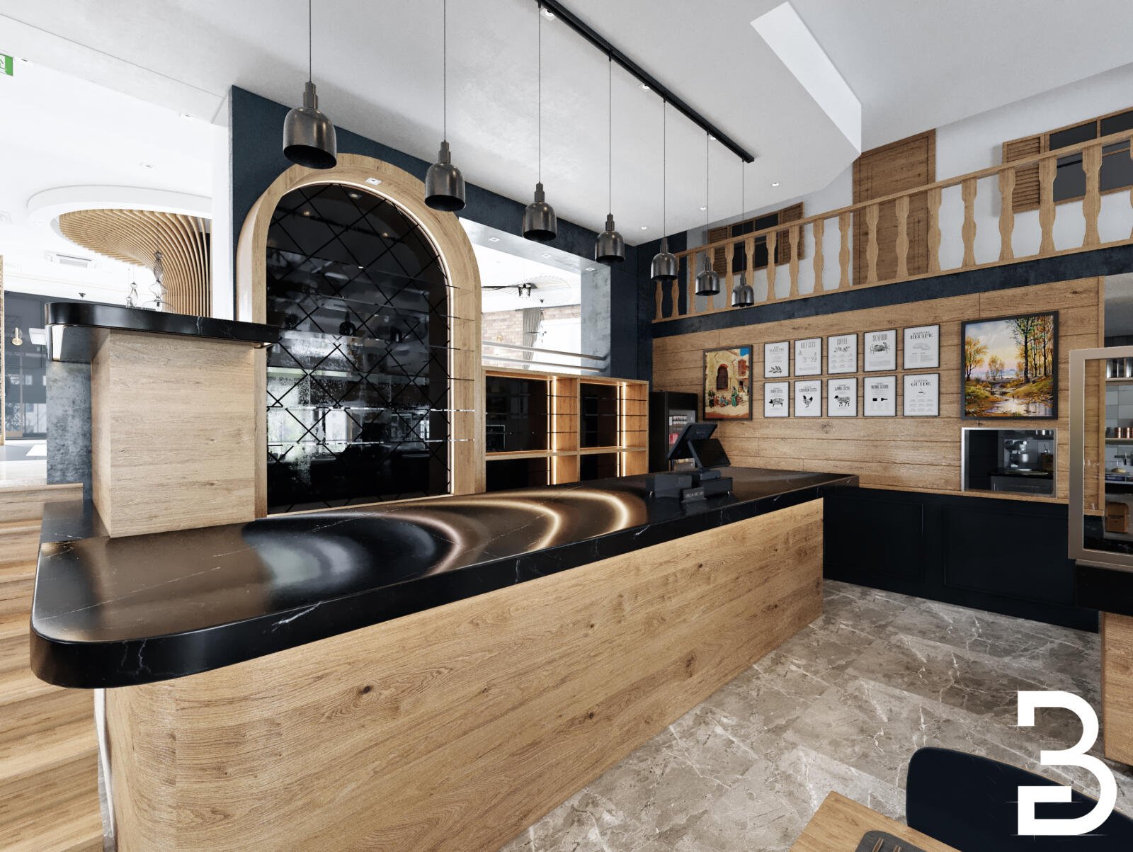 Thekenbereich im Restaurant-Design Darmstadt mit geschwungener Form, Holzverkleidung und architektonischem Wandbogen
