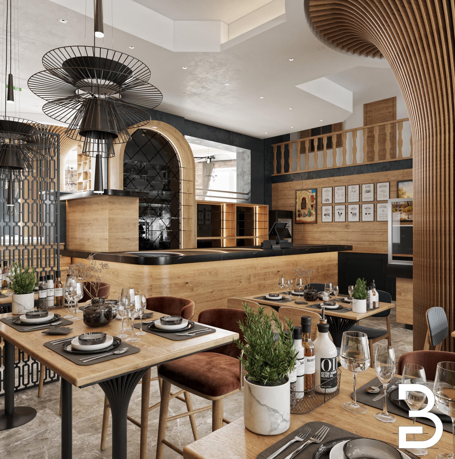 Tisch- und Sitzbereich im Restaurant-Design Darmstadt mit warmen Holzoberflächen und eleganter Lichtstimmung