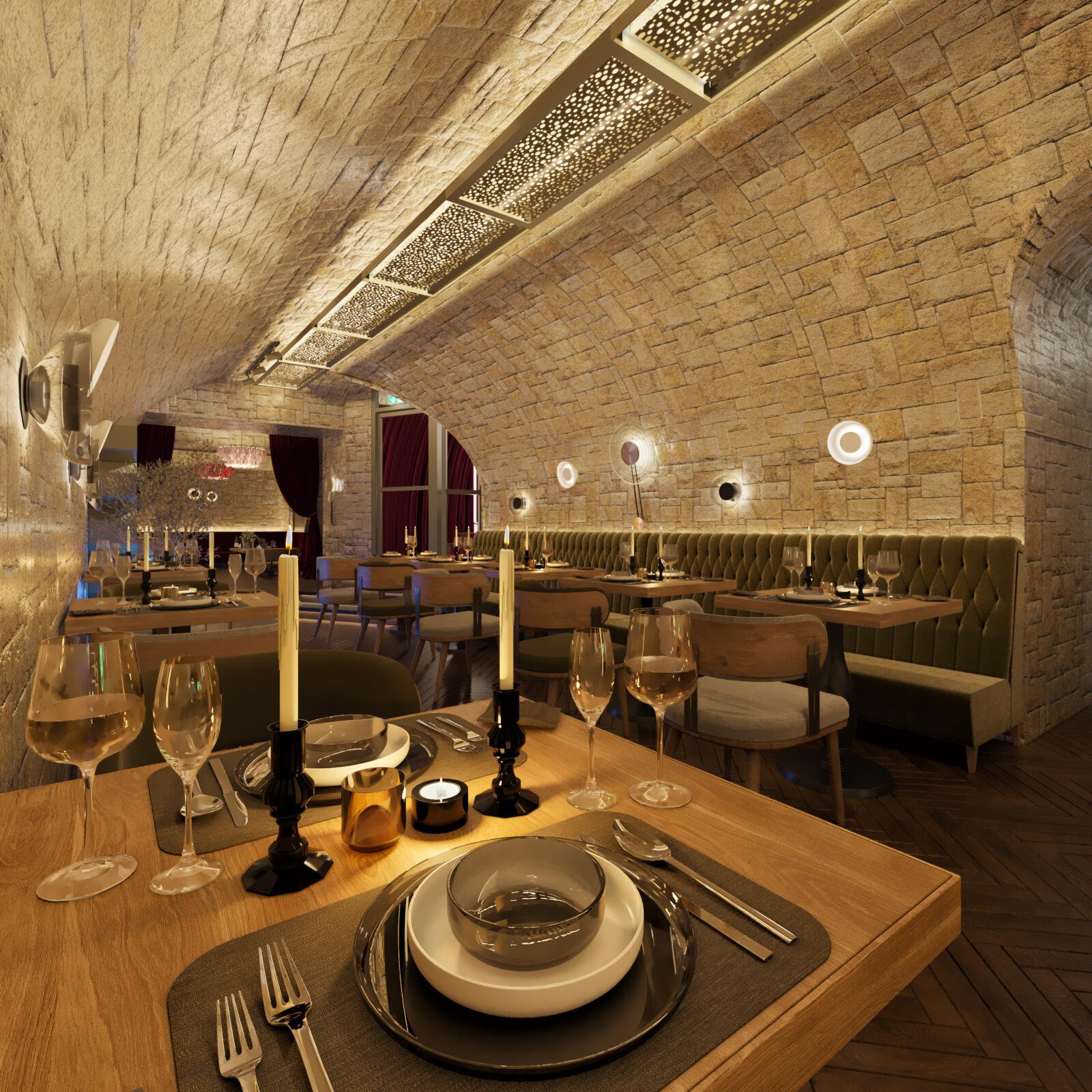 Restaurant Frankfurt Together – Gastraum mit Holztischen