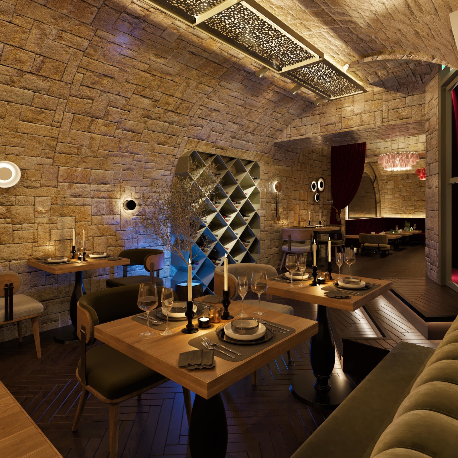 Restaurant Frankfurt Together – Natursteinwand mit Beleuchtung