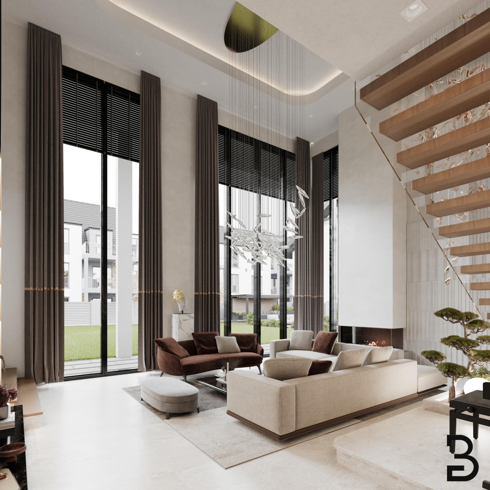 Elegantes Treppenhaus und Wohnraum Gestaltung