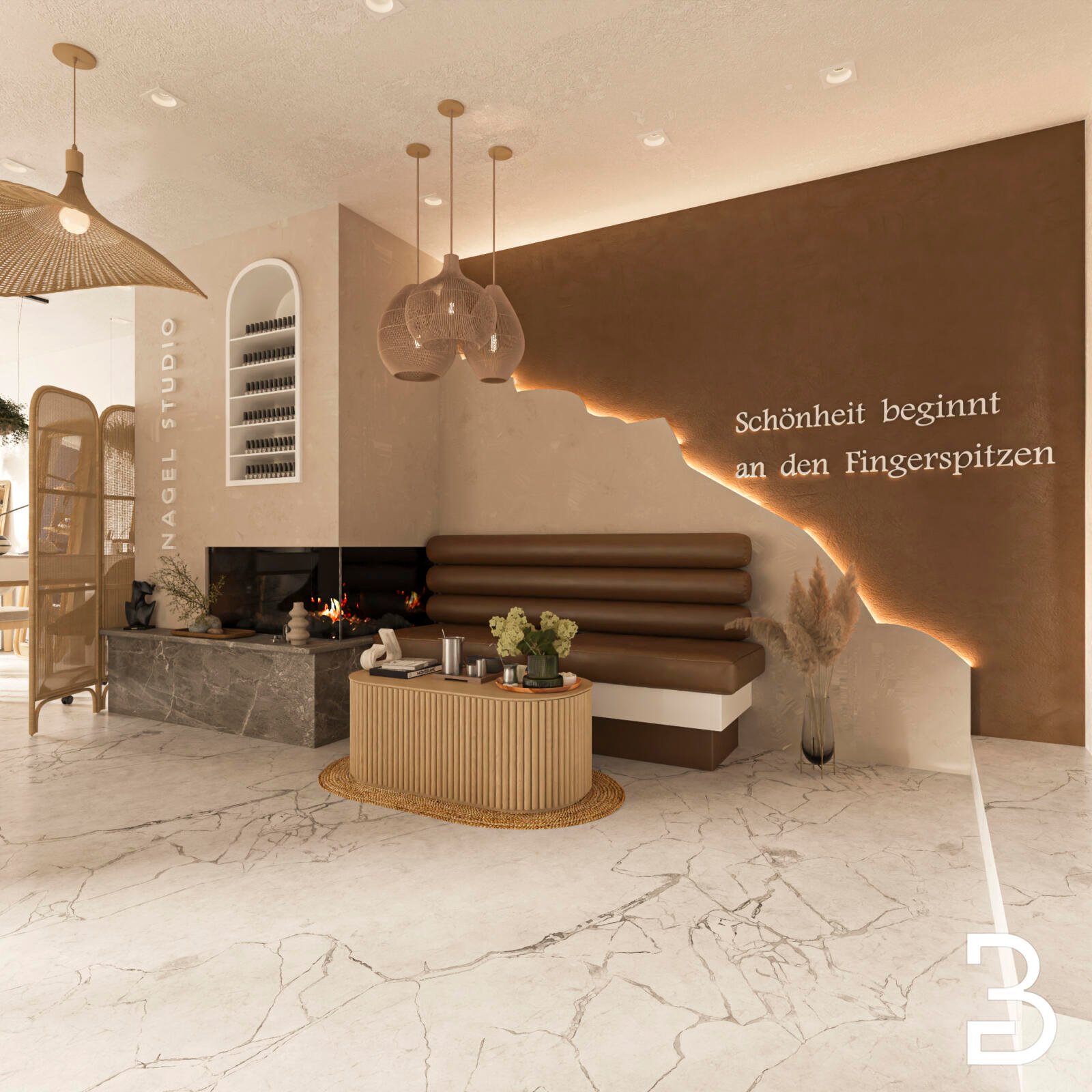 Empfangsbereich mit Kaminwand, runder Theke und organischen Formen im Safe.el Beauty Studio