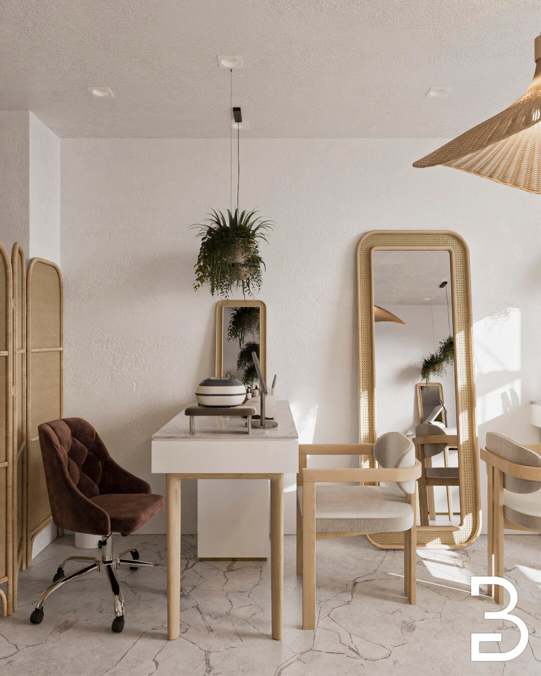 Maniküre-Arbeitsplatz mit Spiegel, Stuhl und natürlicher Dekoration im Safe.el Beauty Studio