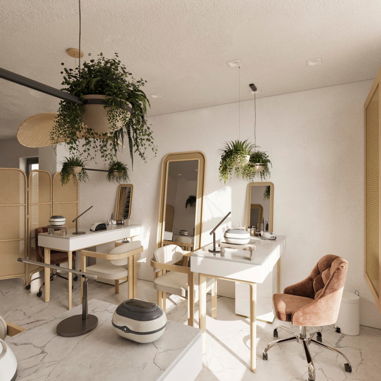 Nagelstudio-Design Hanau mit hellen Maniküre-Arbeitsplätzen, Pflanzen und dekorativer Beleuchtung