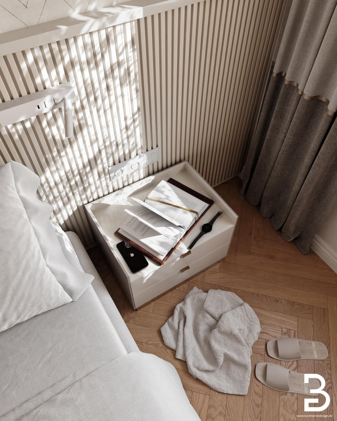 Detailansicht von Bett, Nachttisch und Schreibtisch im Waldhotel Hubertus Bad Soden.