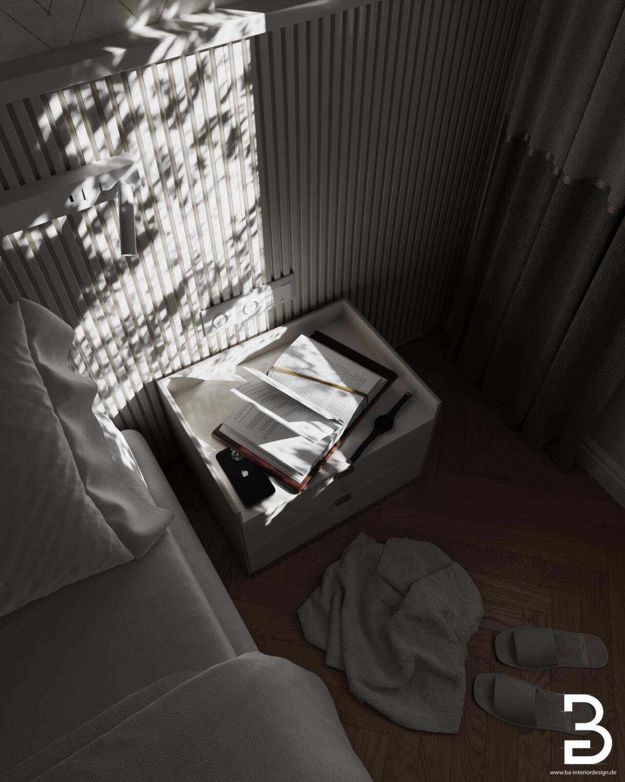 Hotel-Innenausbau Bad Soden mit Bett, Schreibtisch und atmosphärischer Nachtbeleuchtung.