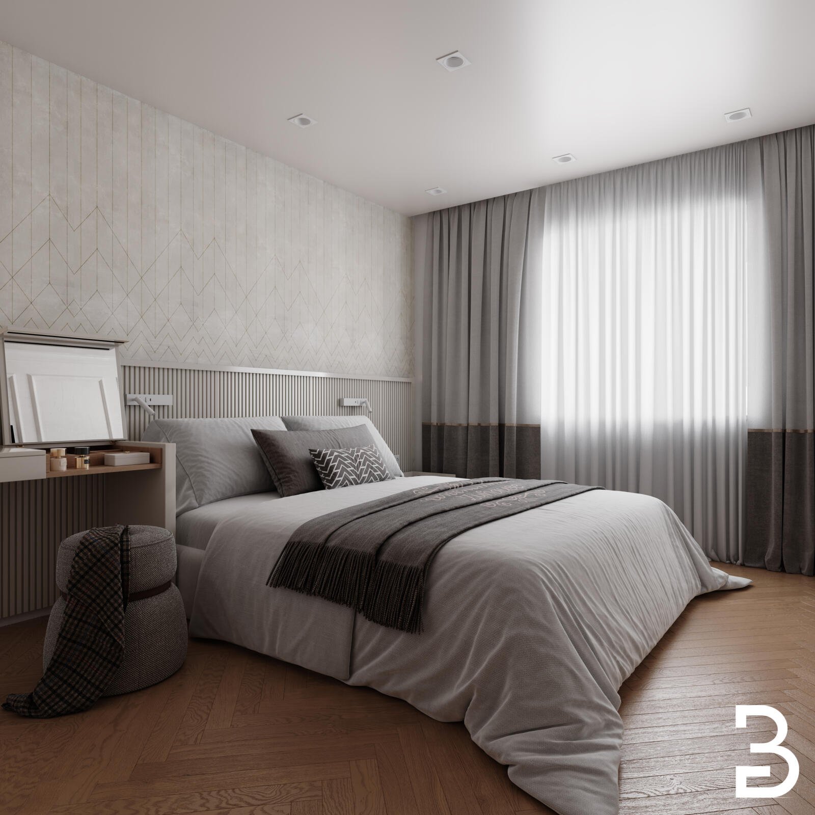 Doppelzimmer im Waldhotel Hubertus Bad Soden mit Polsterbett, Sitzbereich und ruhigem Farbkonzept.