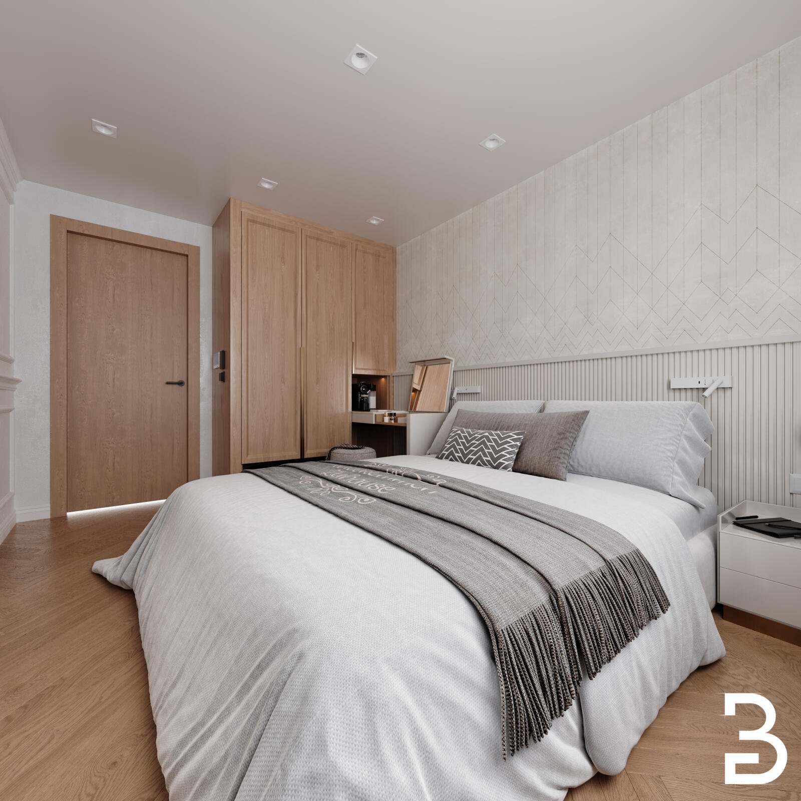 Hotel-Innenausbau Bad Soden mit hellem Doppelzimmer, Holzoberflächen und funktionaler Raumgestaltung.