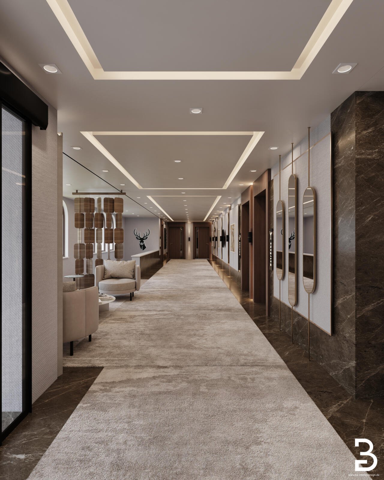 Hotel-Innenausbau Bad Soden mit geometrischer Deckenbeleuchtung und hochwertigem Flurdesign.