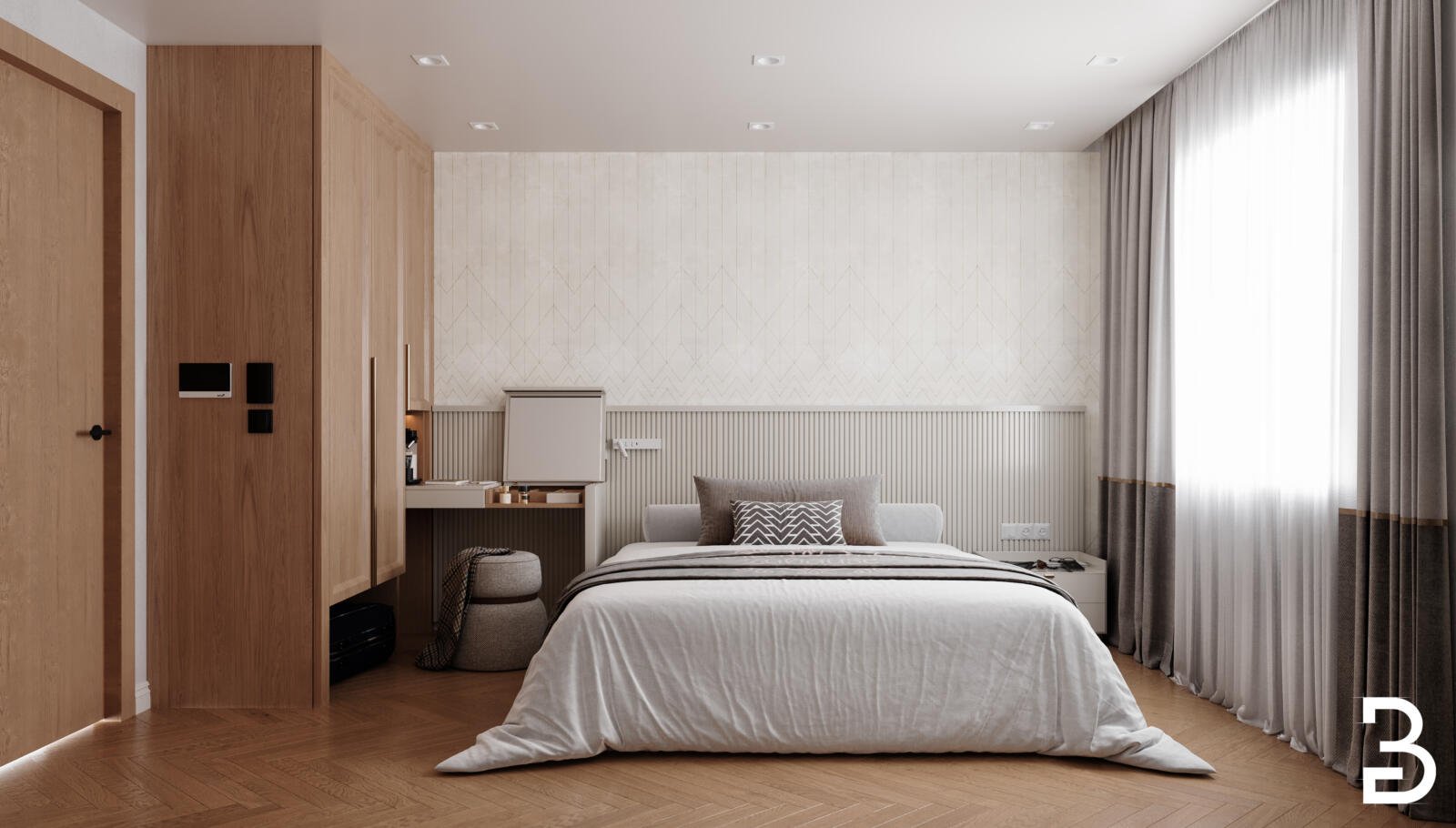 Gesamtansicht eines Hotelzimmers im Waldhotel Hubertus mit Bett, Schrank und Sitzbereich.