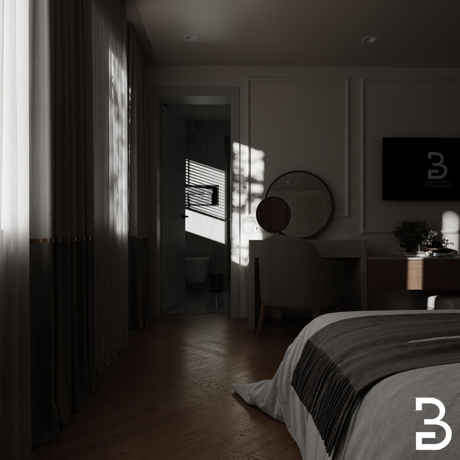 Hotel-Innenausbau Bad Soden mit stimmungsvoll beleuchtetem Hotelzimmer in der Nachtansicht.