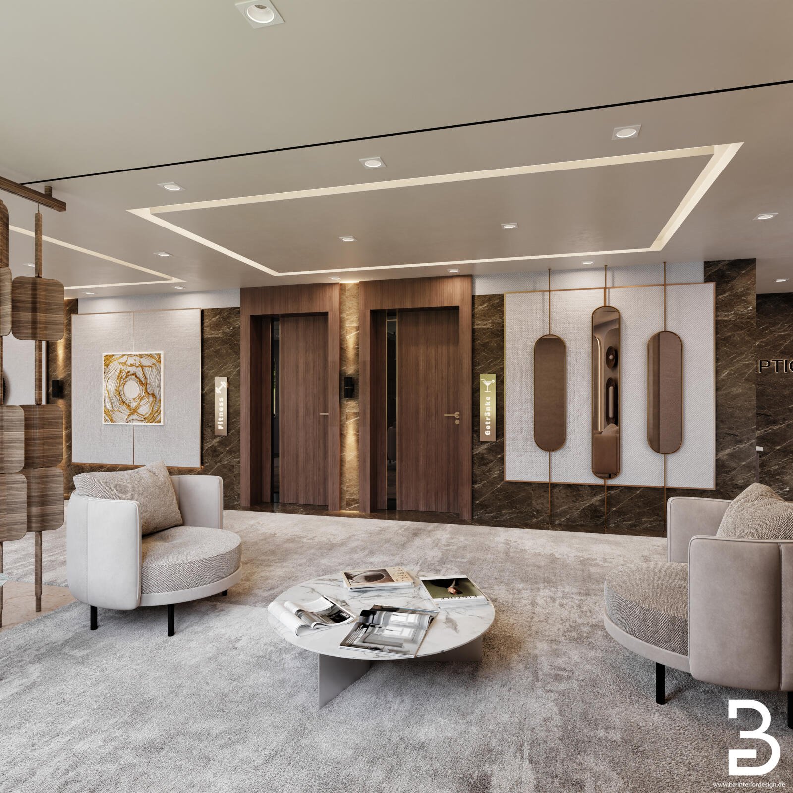 Hotel-Innenausbau Bad Soden mit großzügiger Lobby, Sitzbereichen und elegantem Materialkonzept.