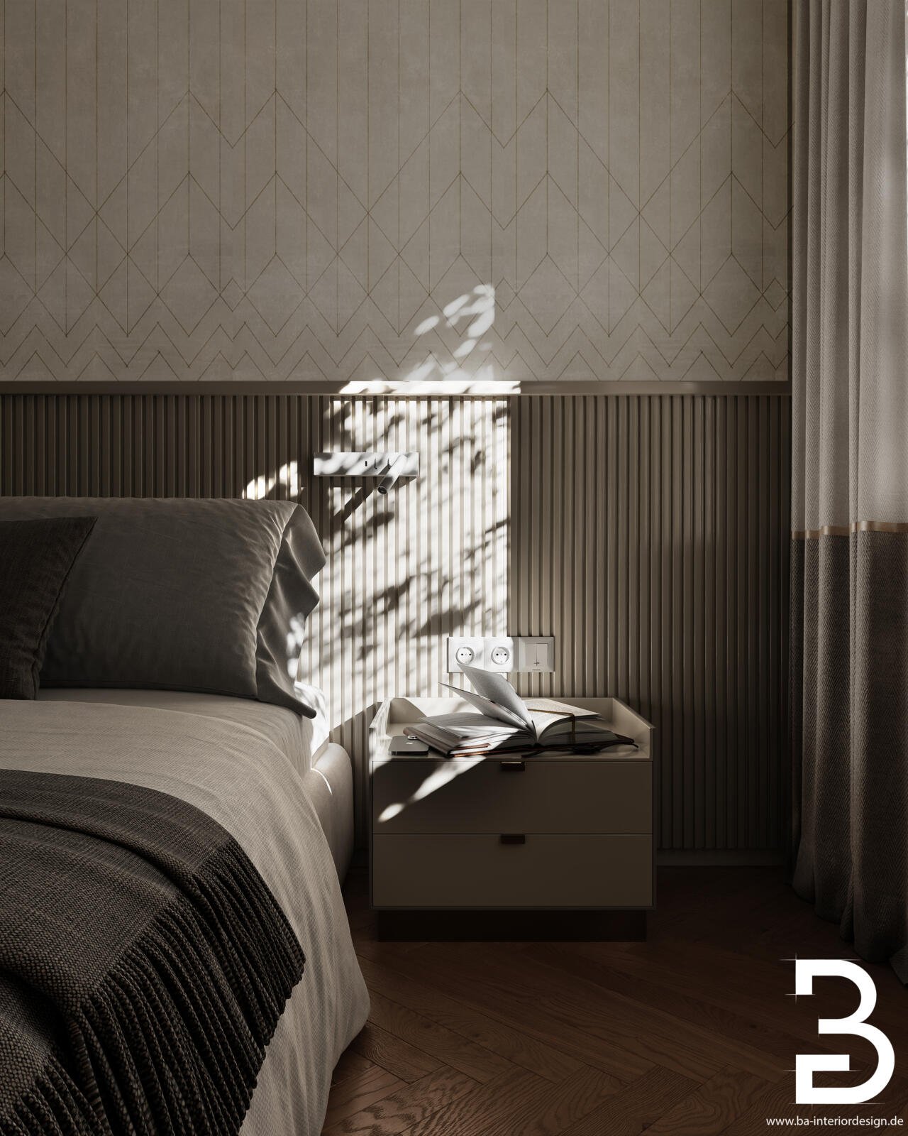 Hotel-Innenausbau Bad Soden mit beleuchtetem Nachttisch und dekorativem Wanddetail.