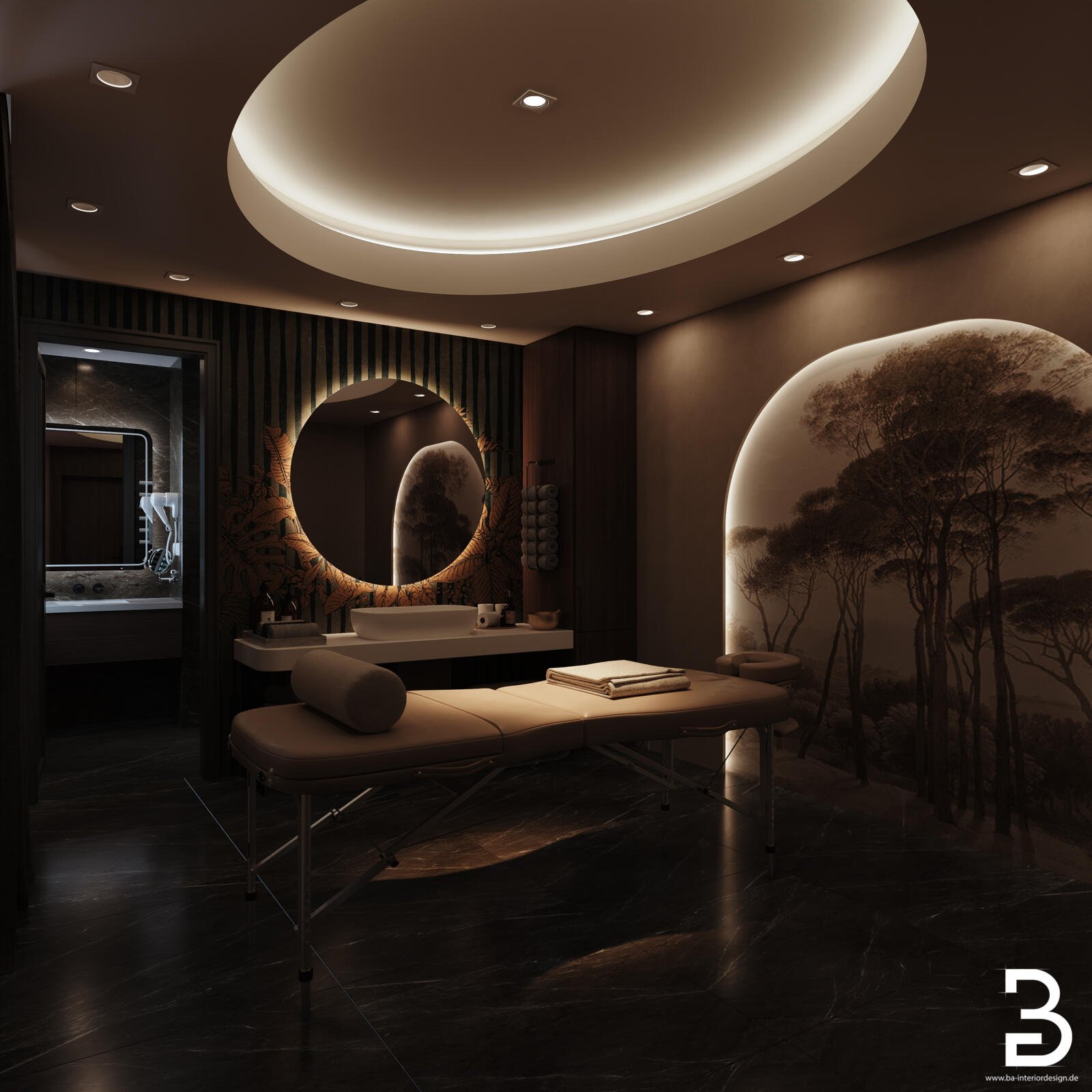 Hotel-Innenausbau Bad Soden mit exklusivem Spa-Waschtisch, Rundspiegel und dunkler Atmosphäre.